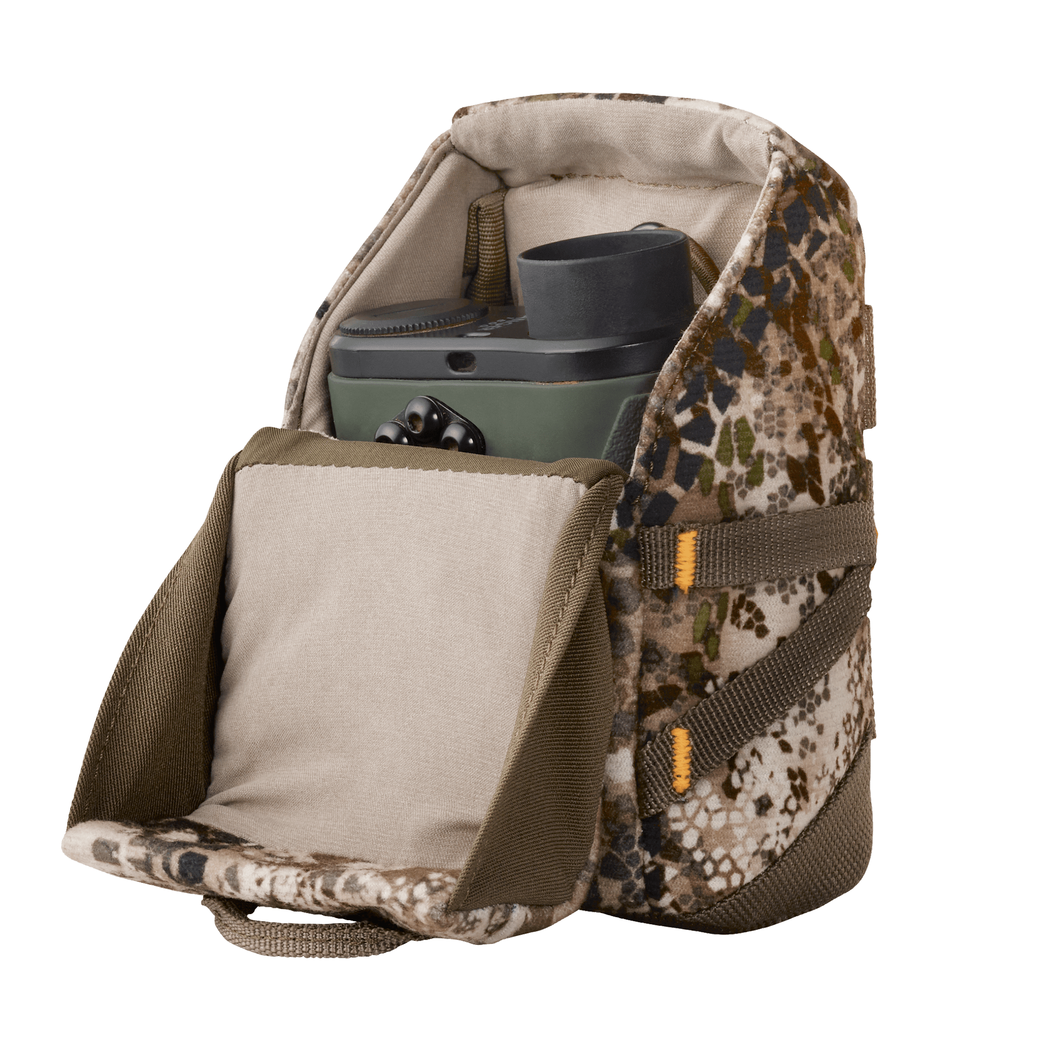 Camouflage Moonrivers pouch with open flap, holding a rangefinder; accessible design for outdoor use.