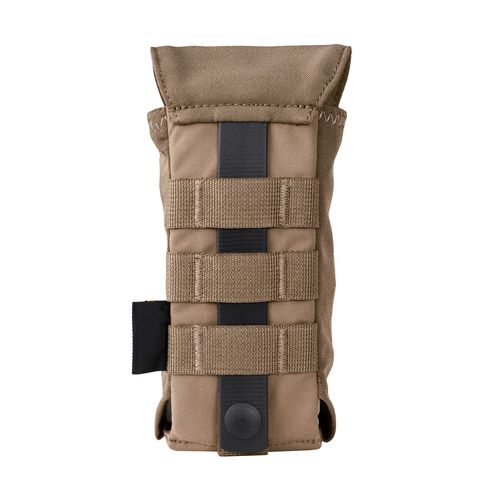 Tan tactical pouch with MOLLE webbing, secure snap closure, and durable fabric for outdoor or hunting gear organization.