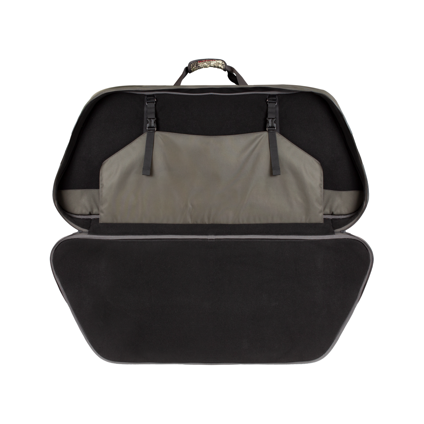 Open soft rifle case with interior straps and a handle featuring the Moonrivers Logo, designed for secure firearm transport.