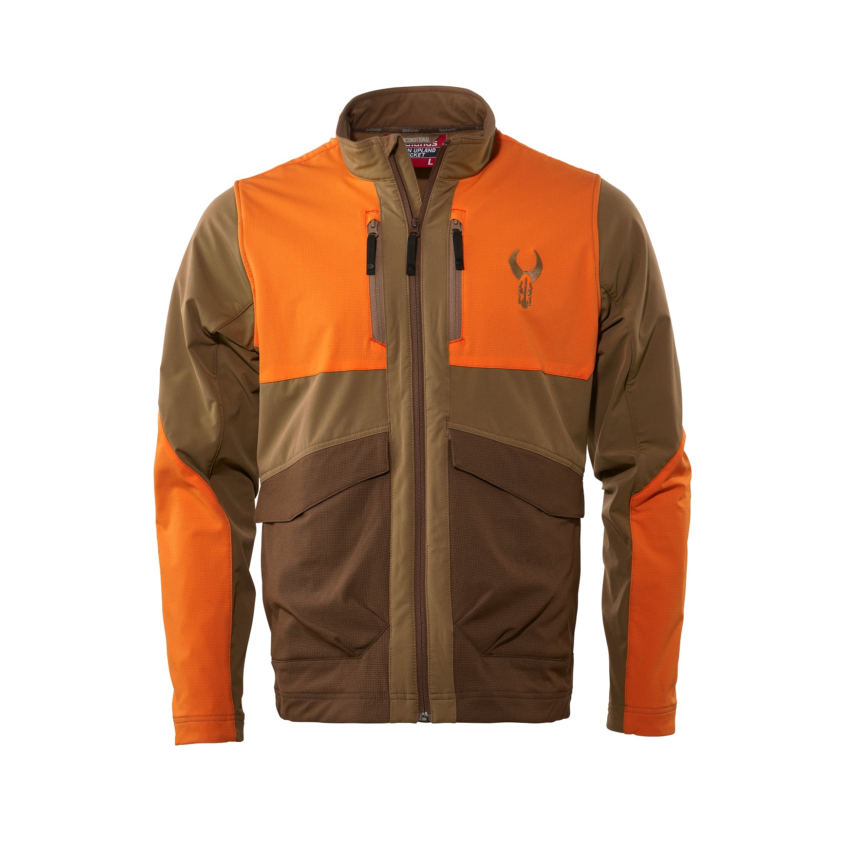 Brown and orange jacket with Moonrivers skull logo on chest, front zipper, and multiple pockets.