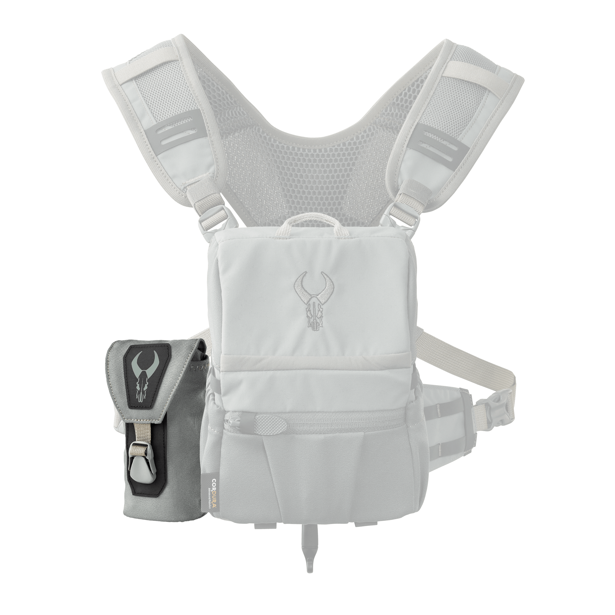 Gray chest pack with mesh straps and Moonrivers skull logo, designed for carrying gear; side pouch also features the logo.