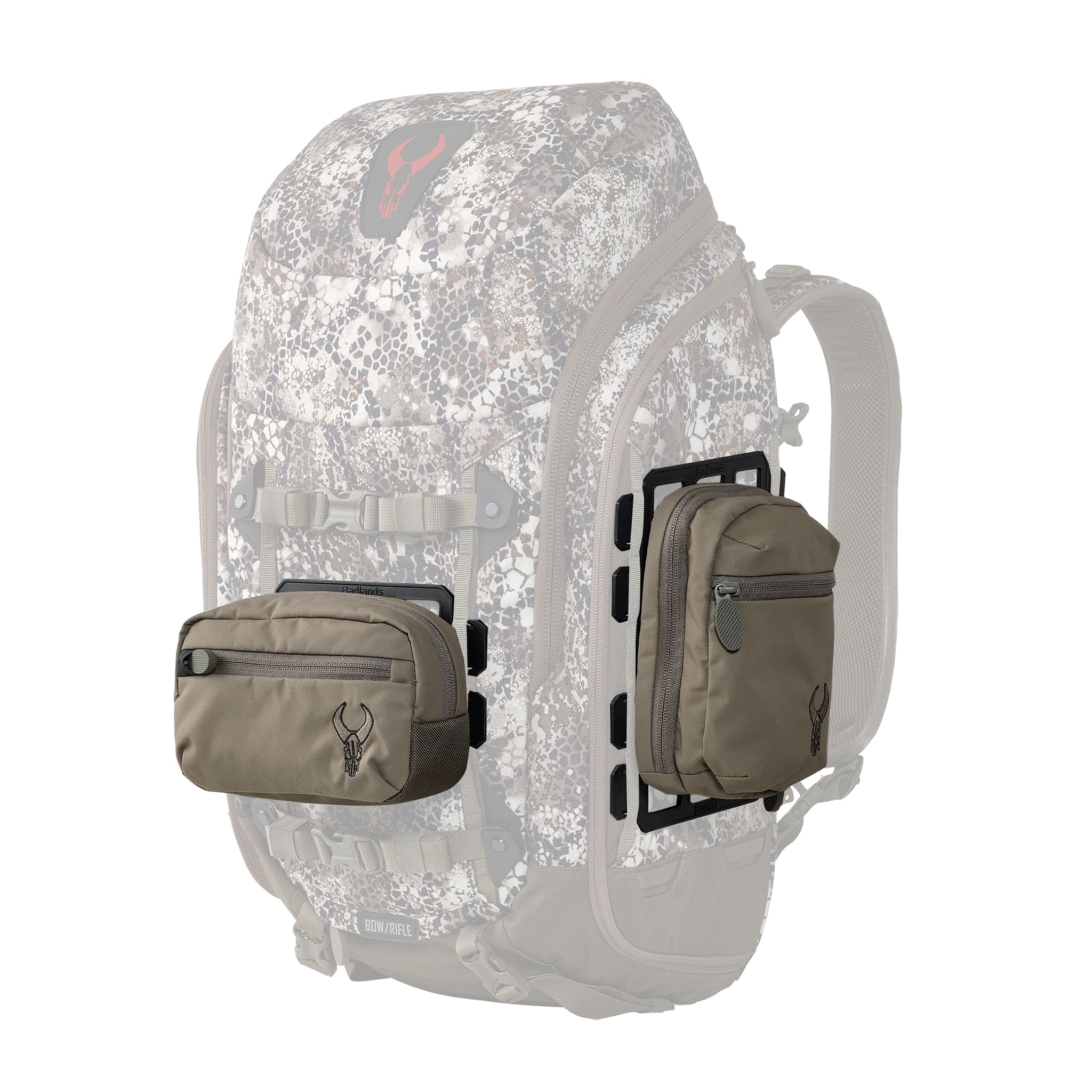 Two tan utility pouches with Moonrivers skull logos are attached to a camo backpack using modular panels.