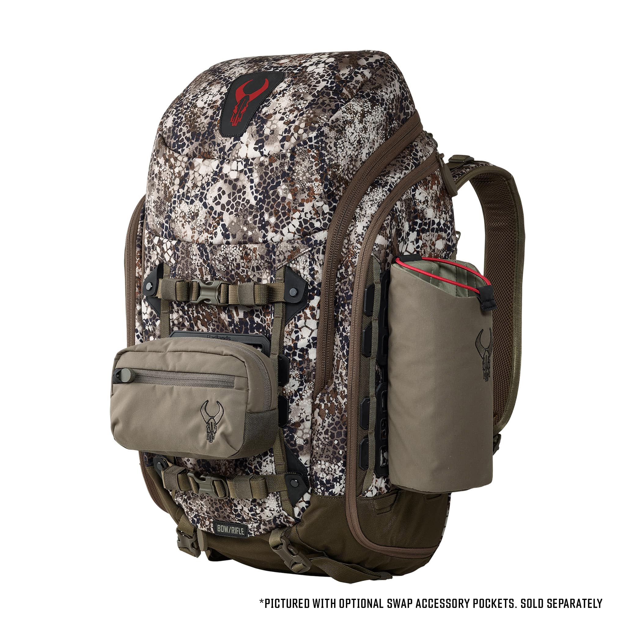 Camo hunting backpack with Moonrivers skull logo, multiple pockets, and padded straps. Optional accessory pockets shown.