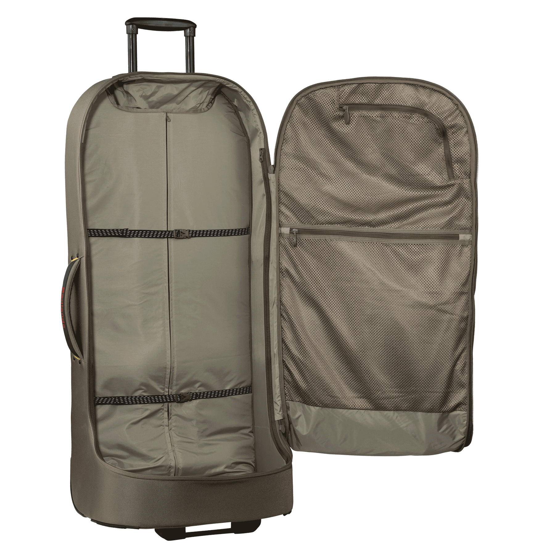 Open rolling suitcase with Moonrivers Logo, spacious interior, mesh zip pocket, and adjustable straps for secure packing.
