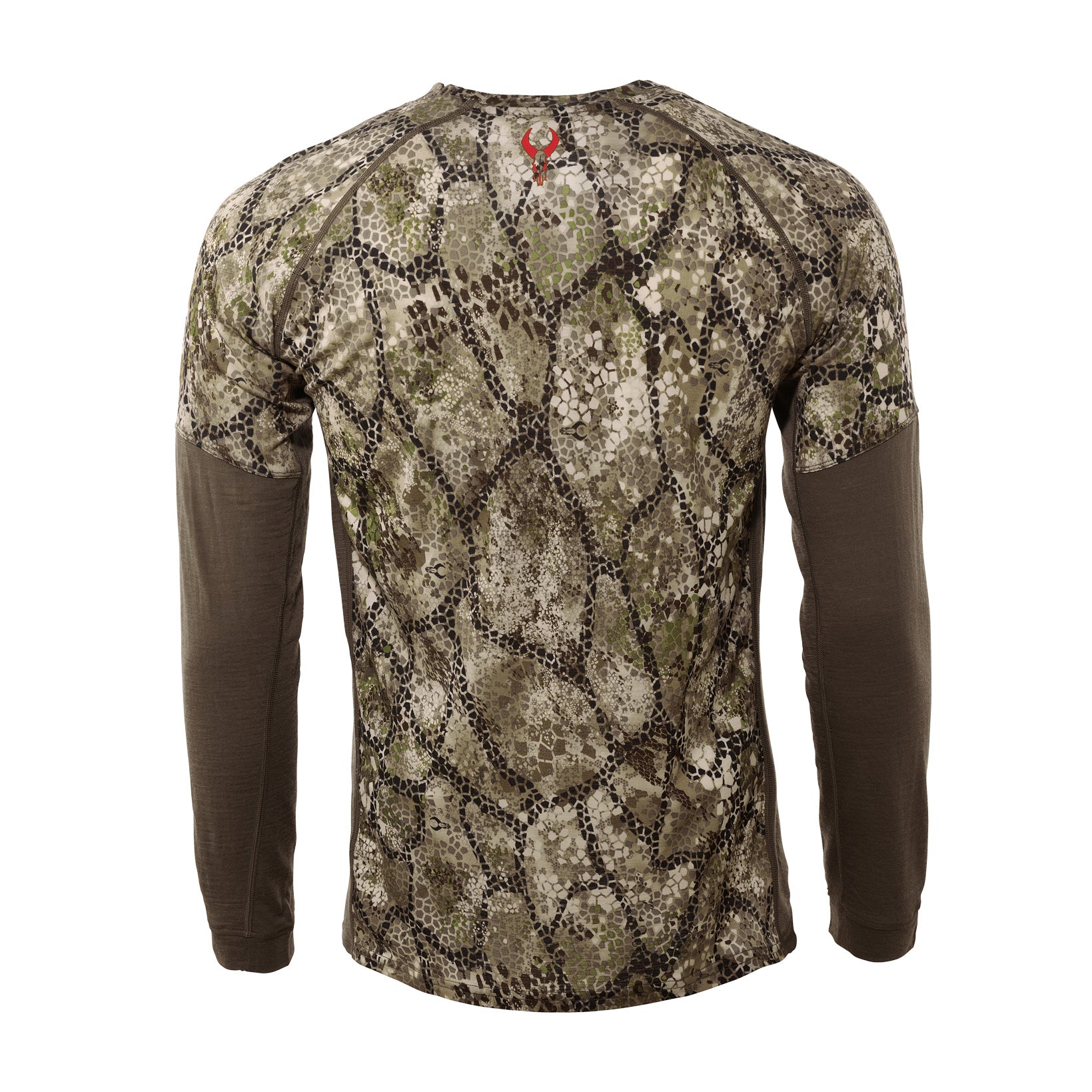 Long-sleeve camouflage shirt with Moonrivers skull logo on upper back, designed for outdoor or hunting use.