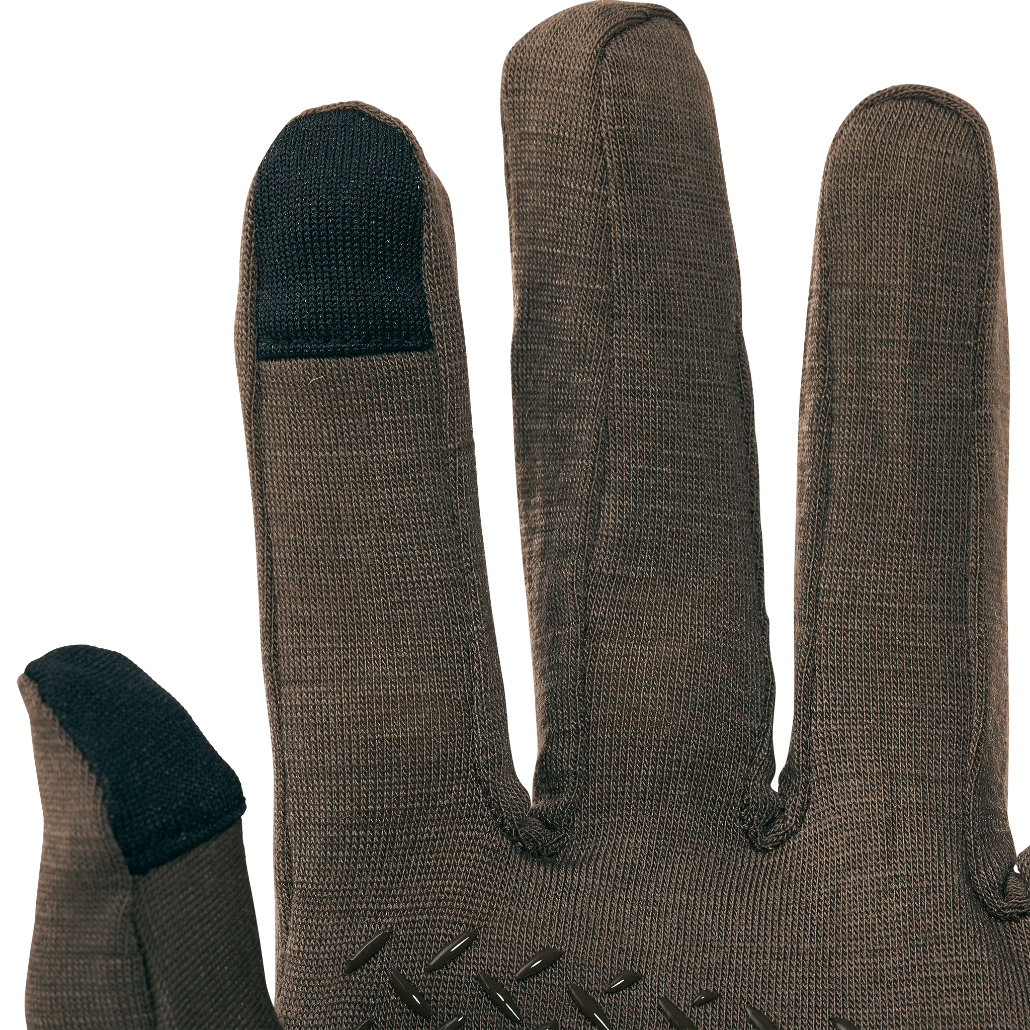 Brown glove with textured grip and black touchscreen tips on thumb and index finger, shown against a plain background.