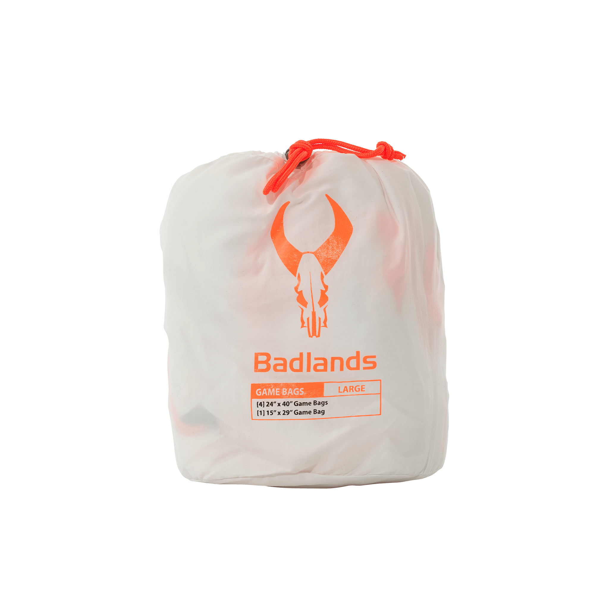 White Moonrivers game bag set with orange skull logo, drawstring closure, and size details printed on front.
