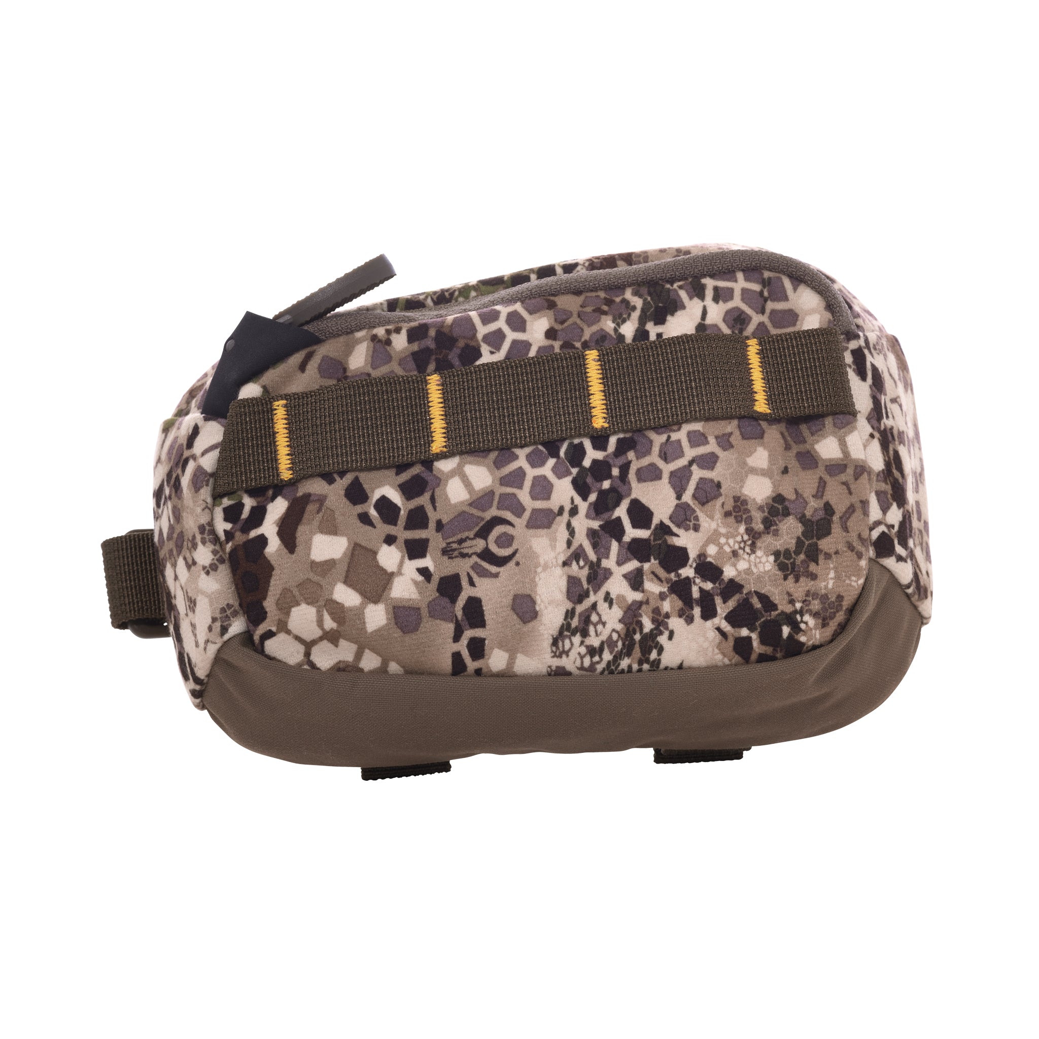 Camo-patterned pouch with zipper, yellow-stitched strap, and Moonrivers Logo. Accessible design for outdoor gear storage.