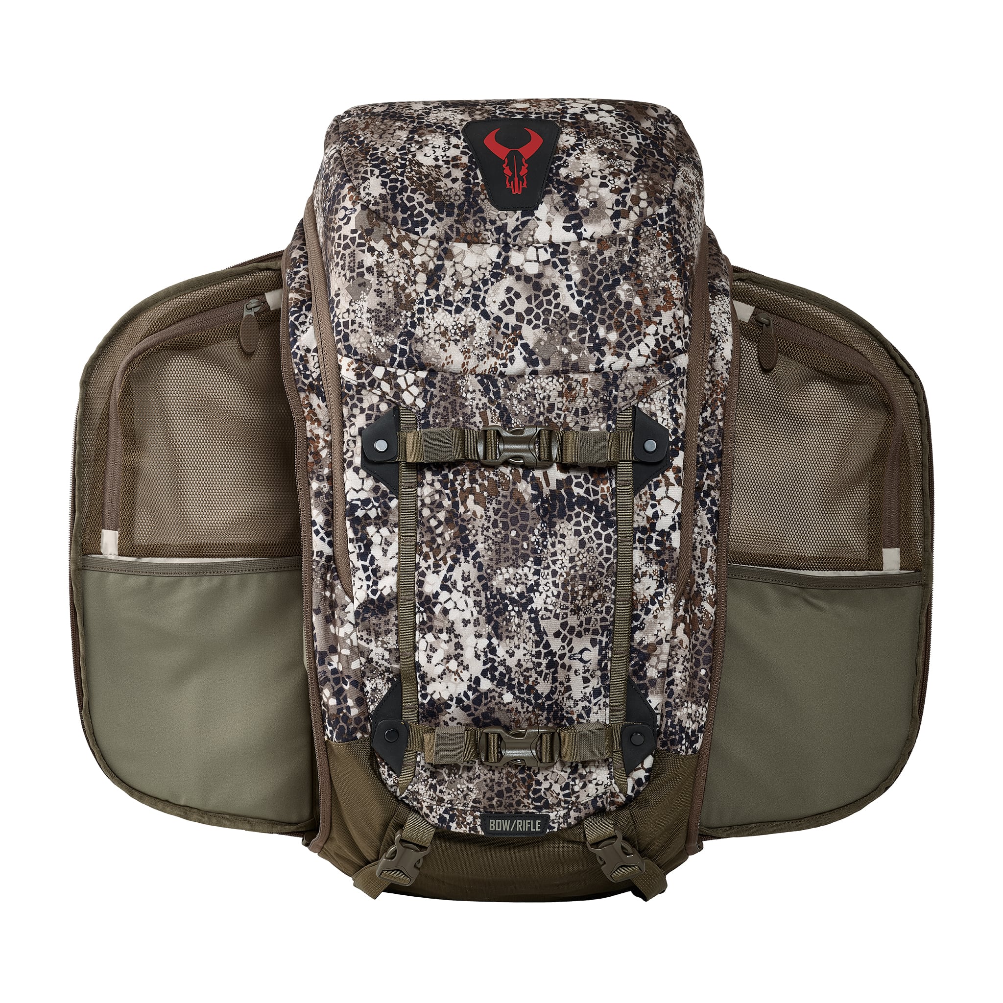 Camo hunting backpack with open side pockets and Moonrivers skull logo on top flap, shown against a white background.