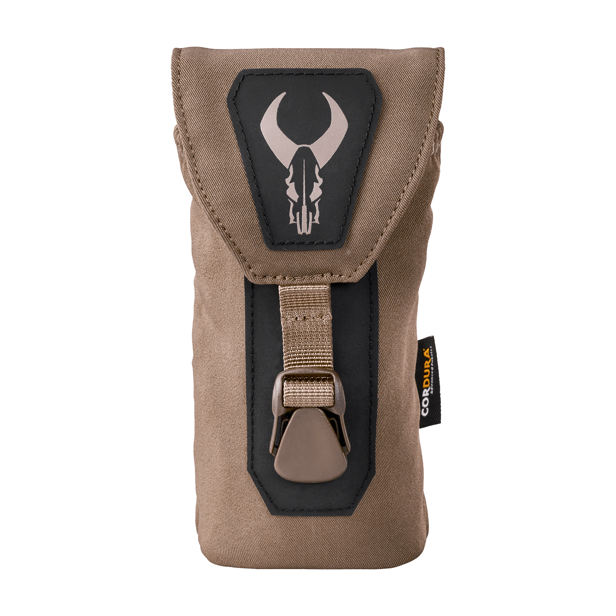 Tan pouch with a buckle, featuring the Moonrivers skull logo and a CORDURA tag on the side.