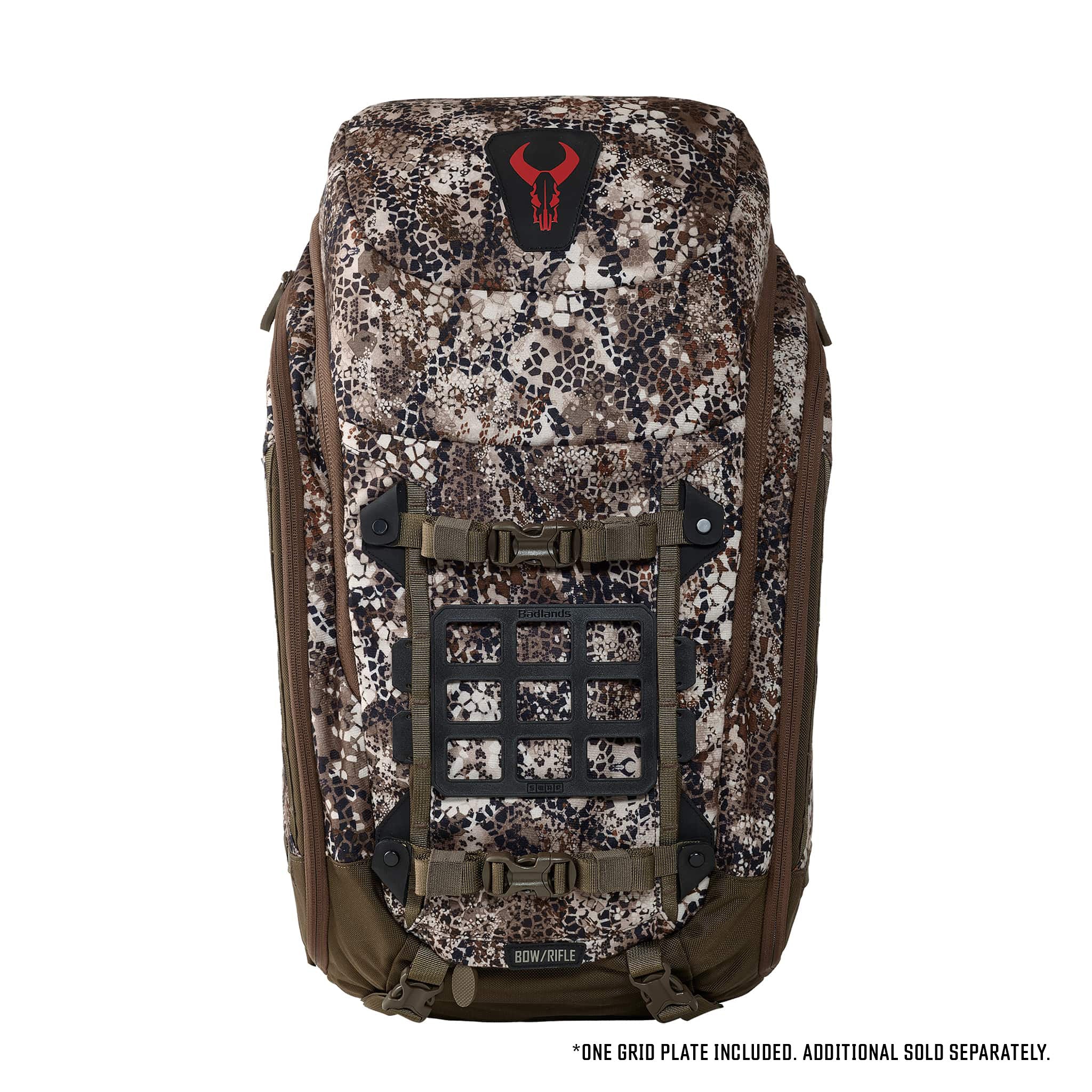 Camo hunting backpack with Moonrivers skull logo, front grid plate, and multiple straps; ADA-compliant design.