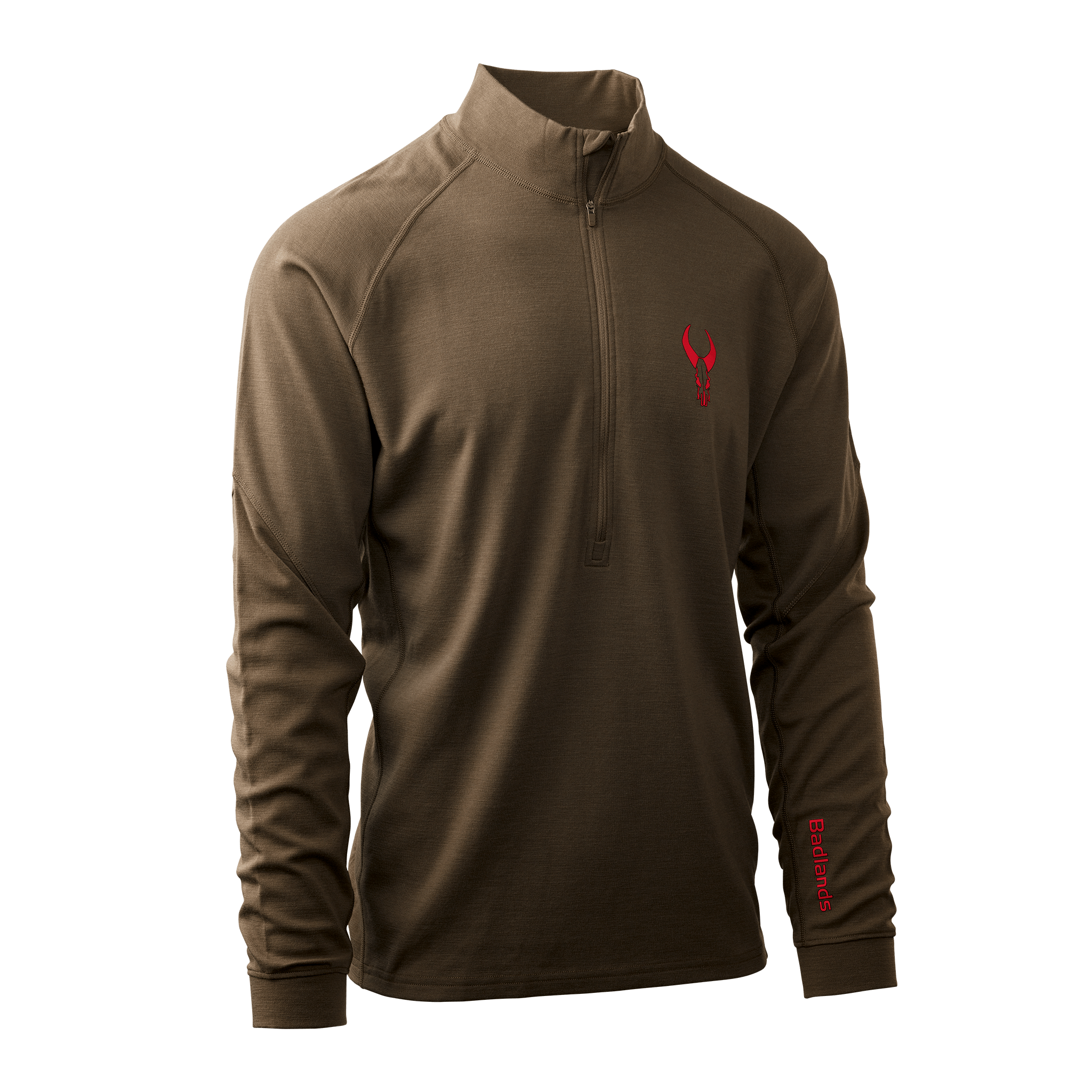 Brown quarter-zip shirt with red Moonrivers skull logo on chest and "Badlands" text on sleeve. Long sleeves, high collar.