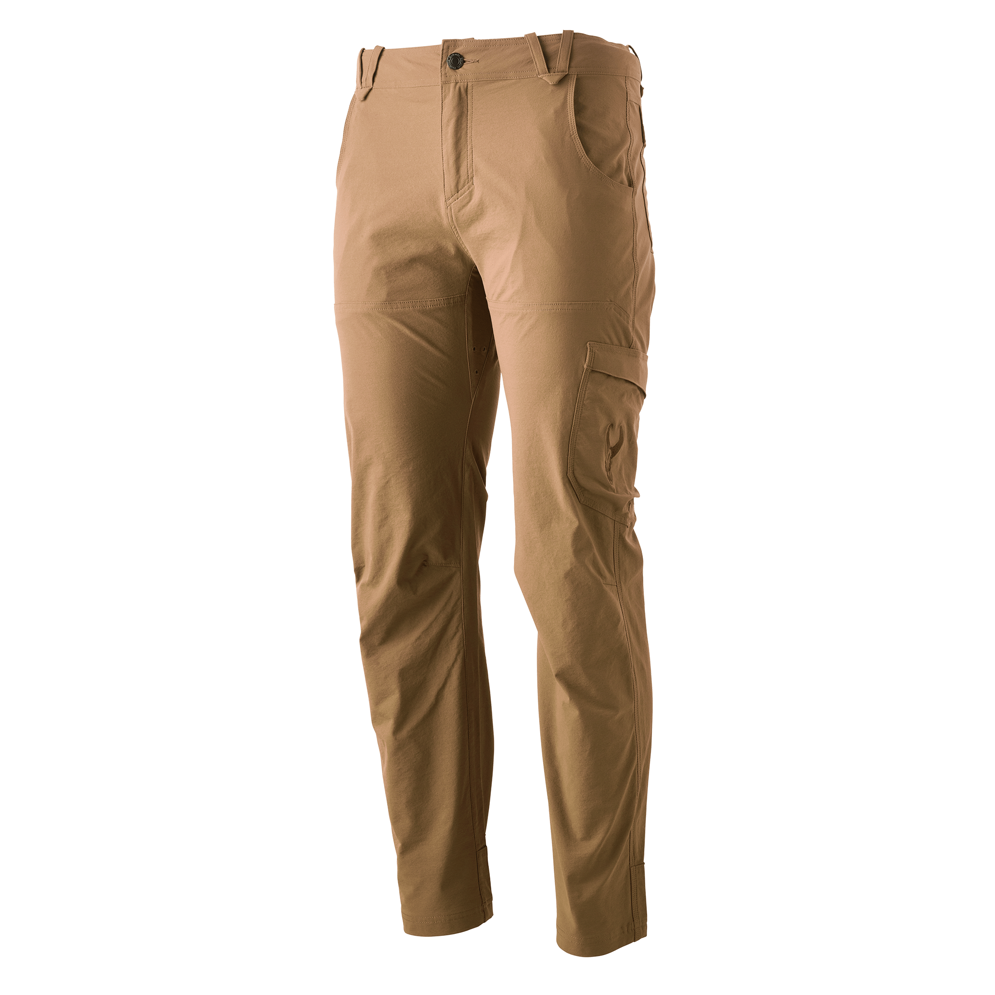 Tan cargo pants with Moonrivers Logo on side pocket; straight fit, belt loops, and accessible front pockets.