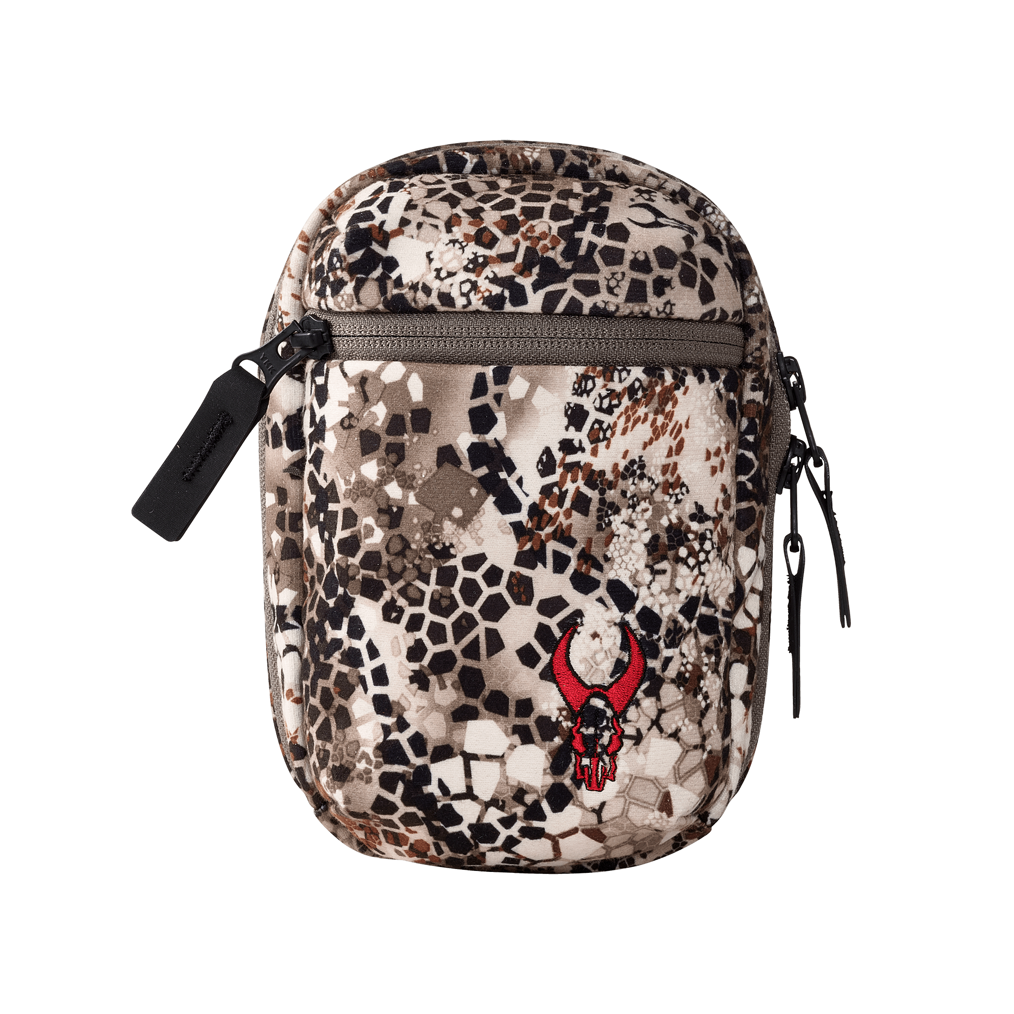 Small camo pouch with zipper, featuring the Moonrivers skull logo in red on the front.