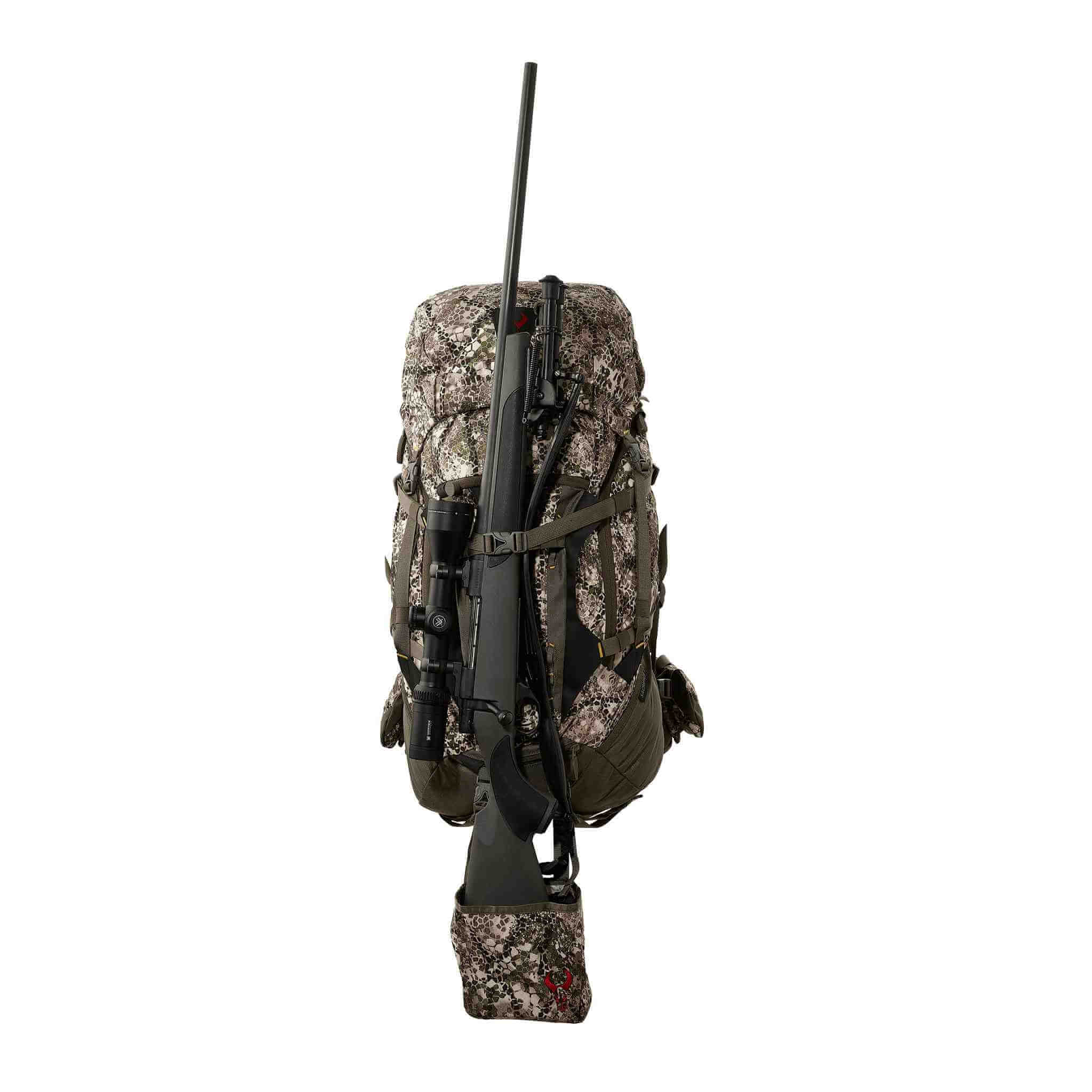 Camo hunting backpack with rifle holder and visible Moonrivers skull logo on the boot, isolated on white background.