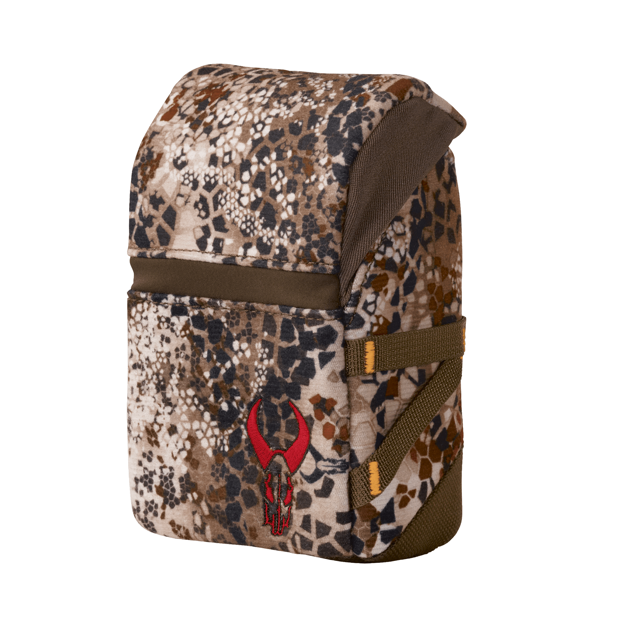 Camouflage pouch with Moonrivers skull logo, brown straps, and accessible top flap; suitable for outdoor or hunting use.