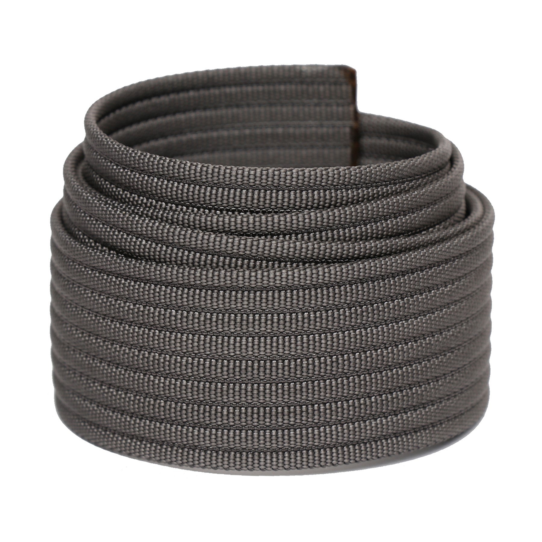 A coiled gray paracord rope, tightly wound and ready for outdoor or utility use.