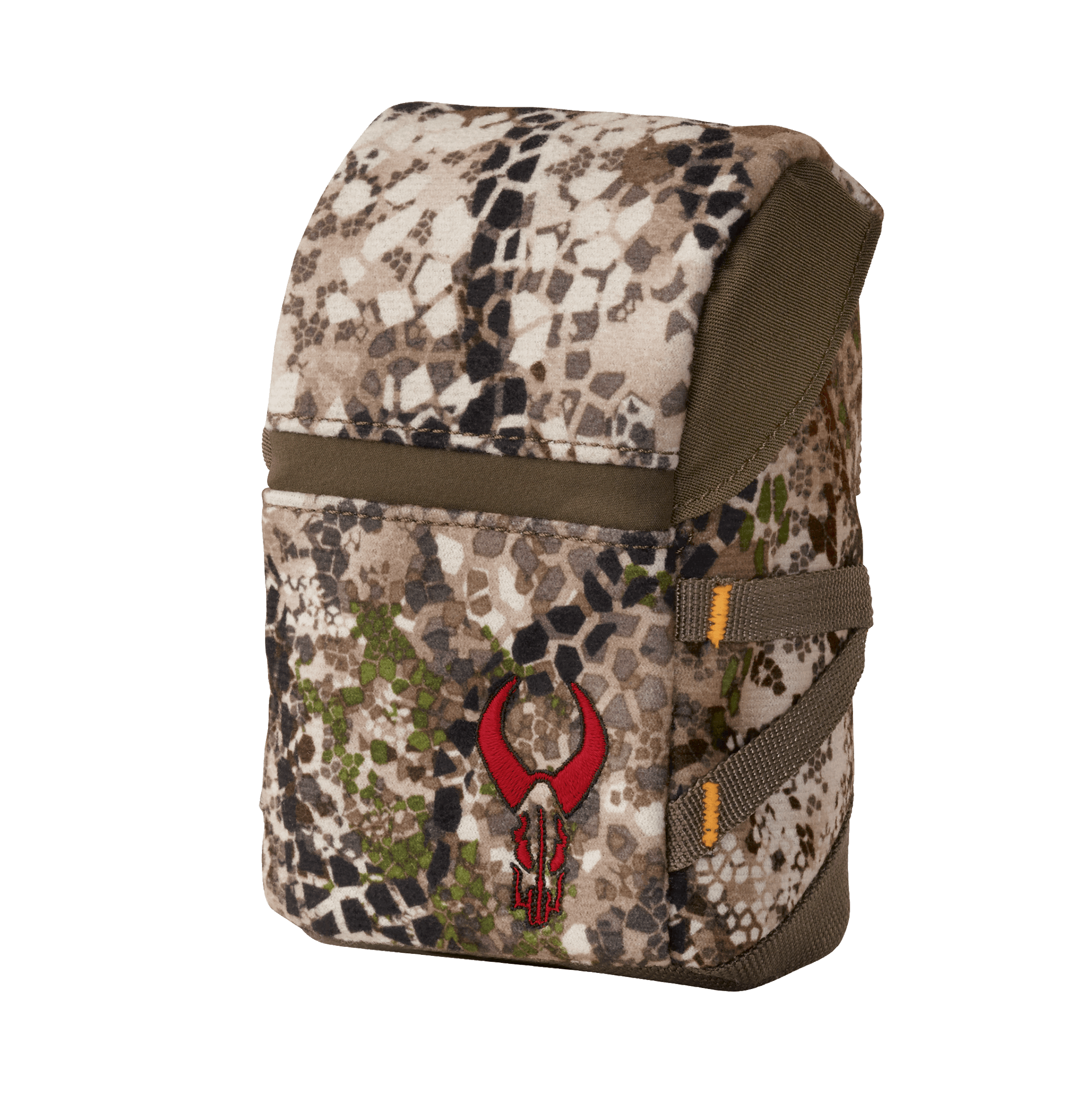 Camouflage pouch with Moonrivers skull logo, side straps, and top flap; suitable for outdoor or hunting gear storage.