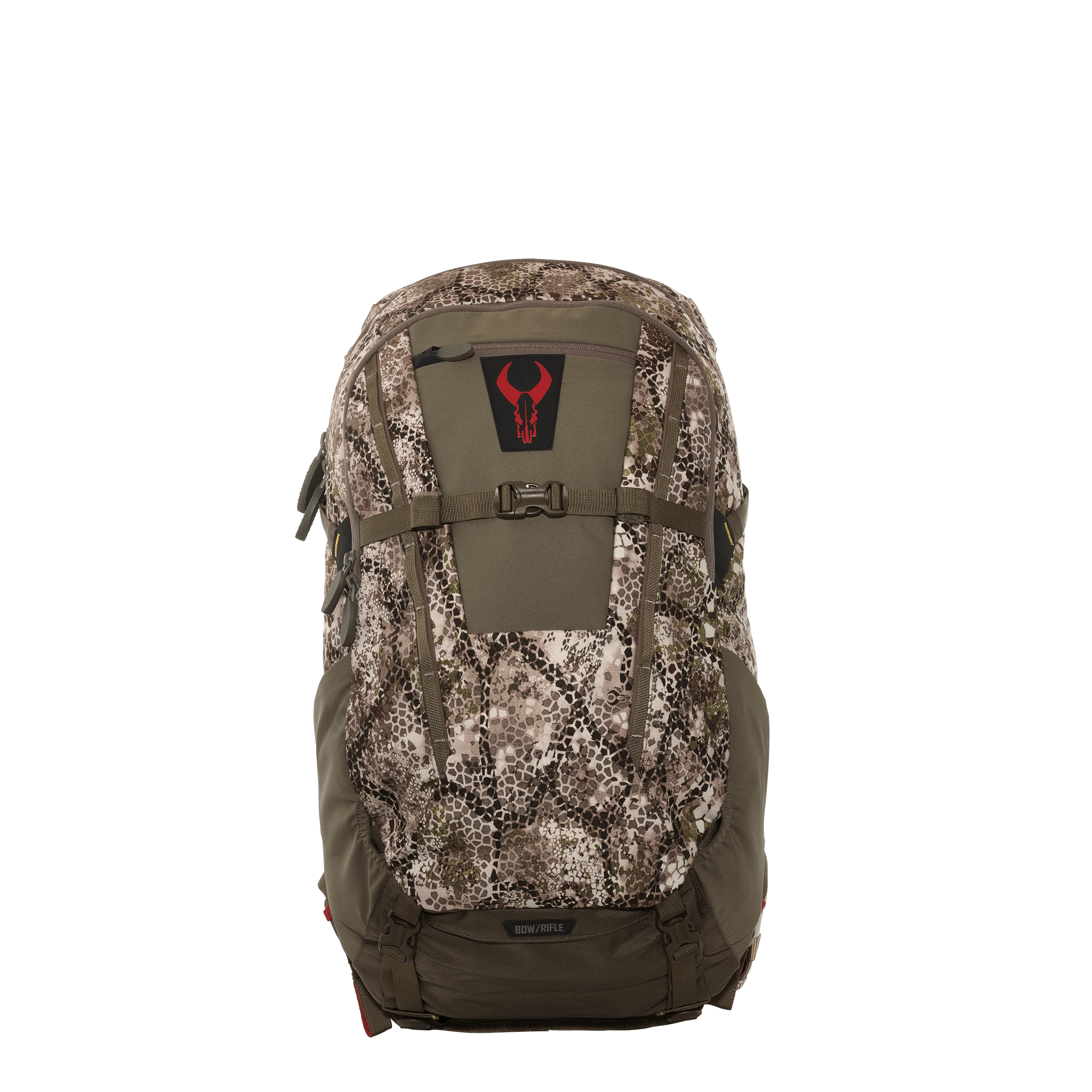Camo hunting backpack with Moonrivers skull logo, front buckle, and bow/rifle attachment; ADA-friendly design.