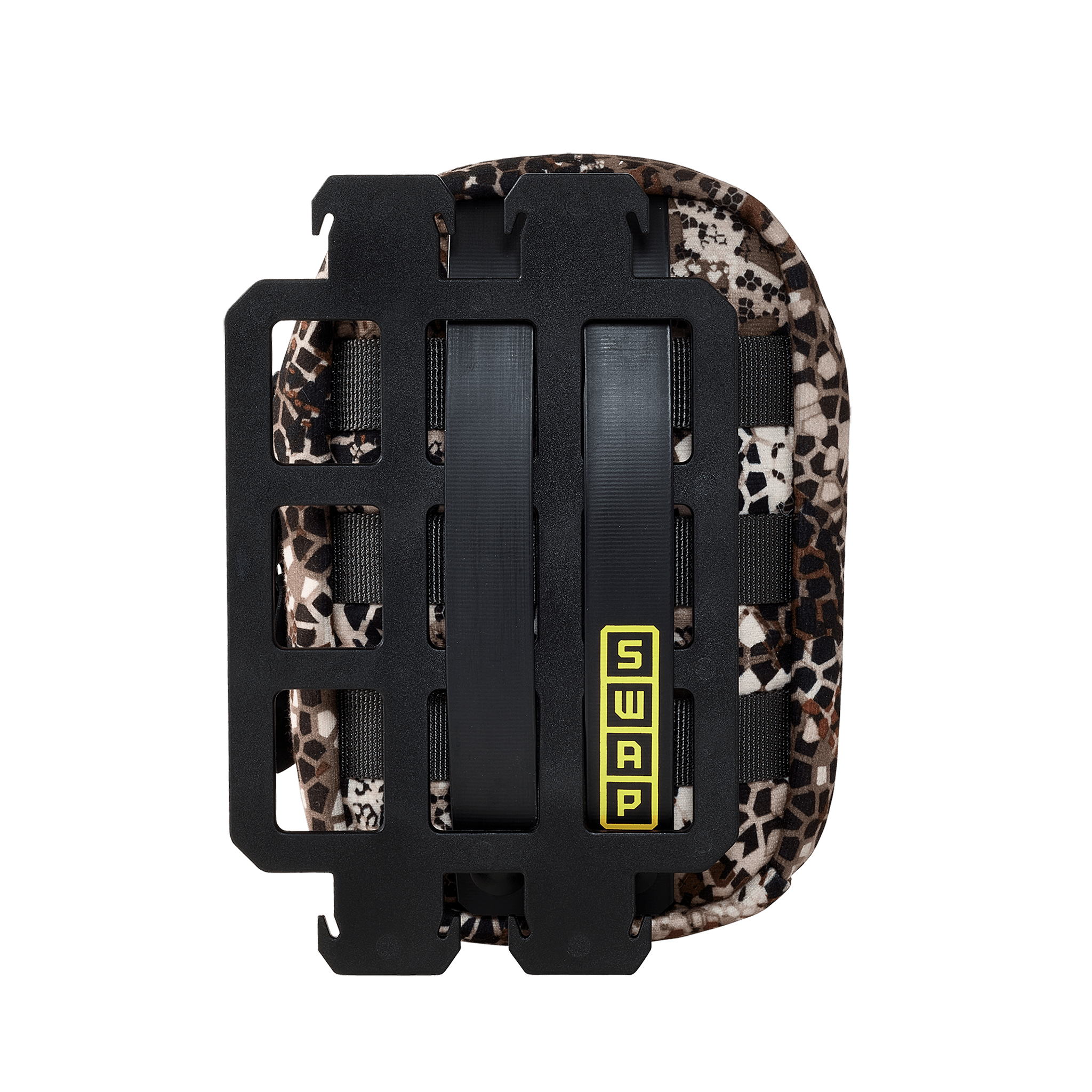 Camo pouch with black SWAP panel and yellow label, designed for modular attachment to outdoor gear.