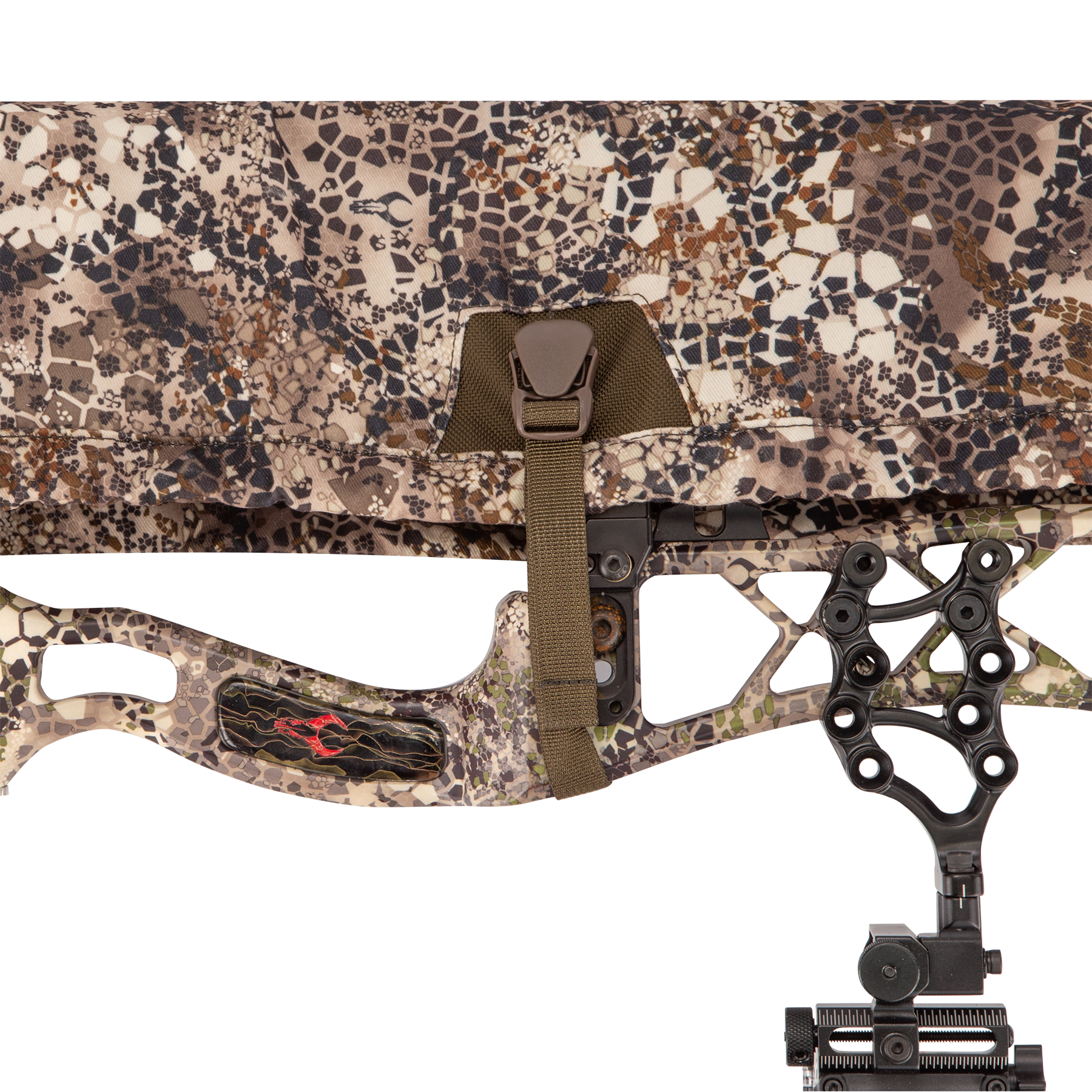Compound bow with camouflage pattern, Moonrivers Logo, and mounted sight; partially covered by a camo fabric flap.