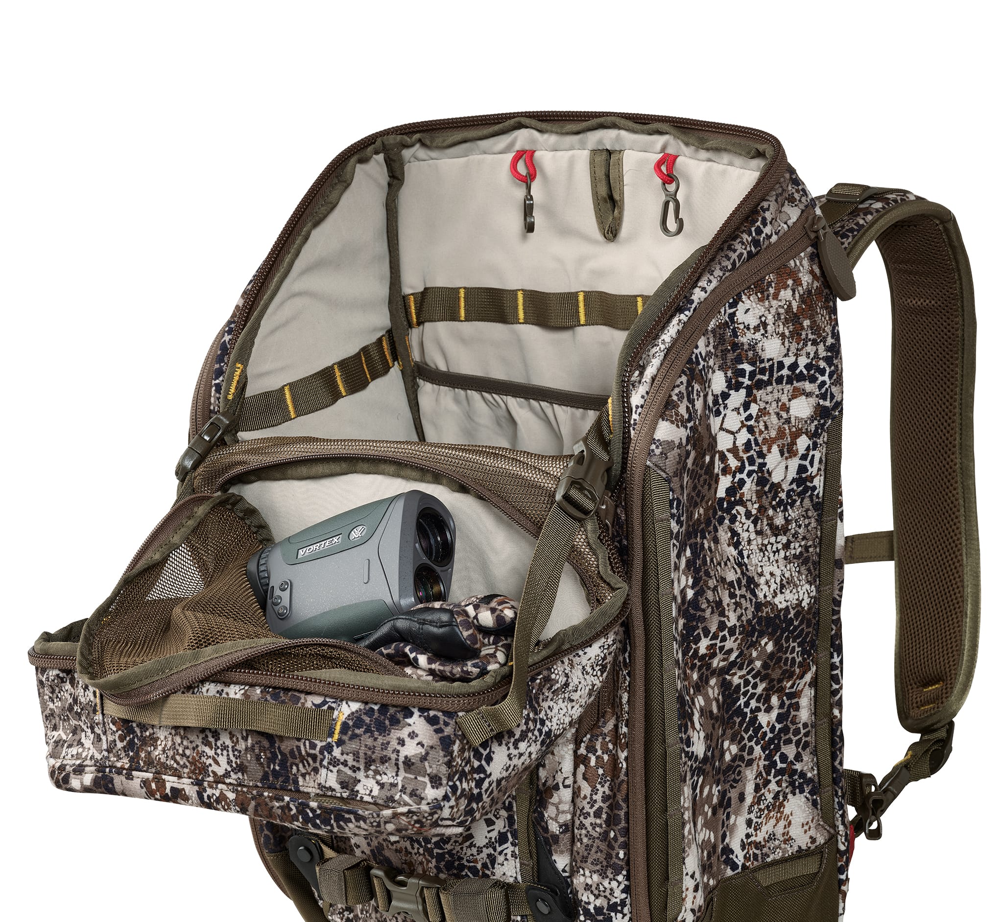 Open camo Moonrivers backpack with organized compartments and a rangefinder inside; Moonrivers skull logo visible on interior.