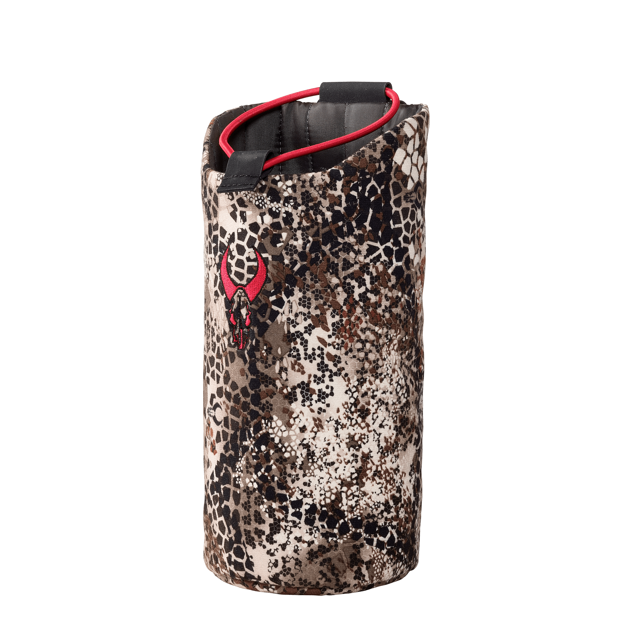 Camo-patterned insulated pouch with Moonrivers skull logo, red trim, and easy-access opening for outdoor gear or bottles.