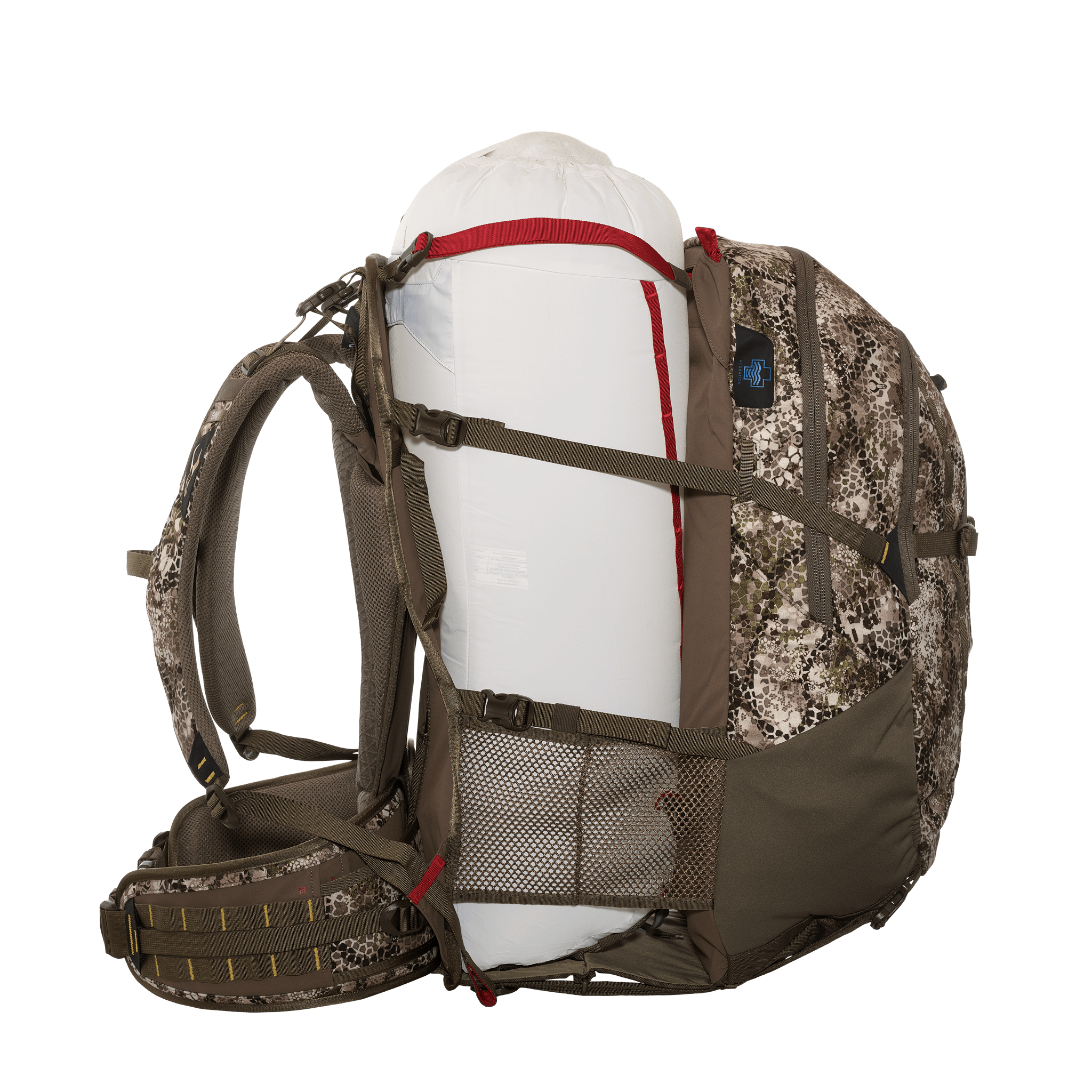 Camo Moonrivers backpack with padded straps, mesh pocket, and large white gear bag secured by side straps.
