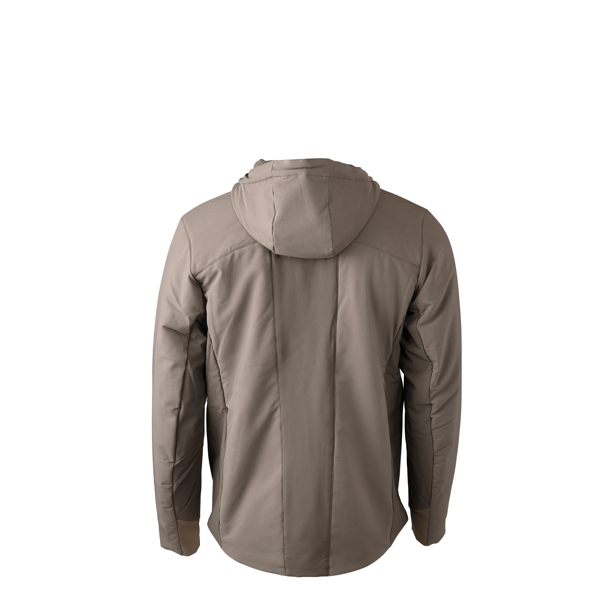 Tan hooded jacket shown from the back; no visible logos or markings. Long sleeves, smooth fabric, neutral color.