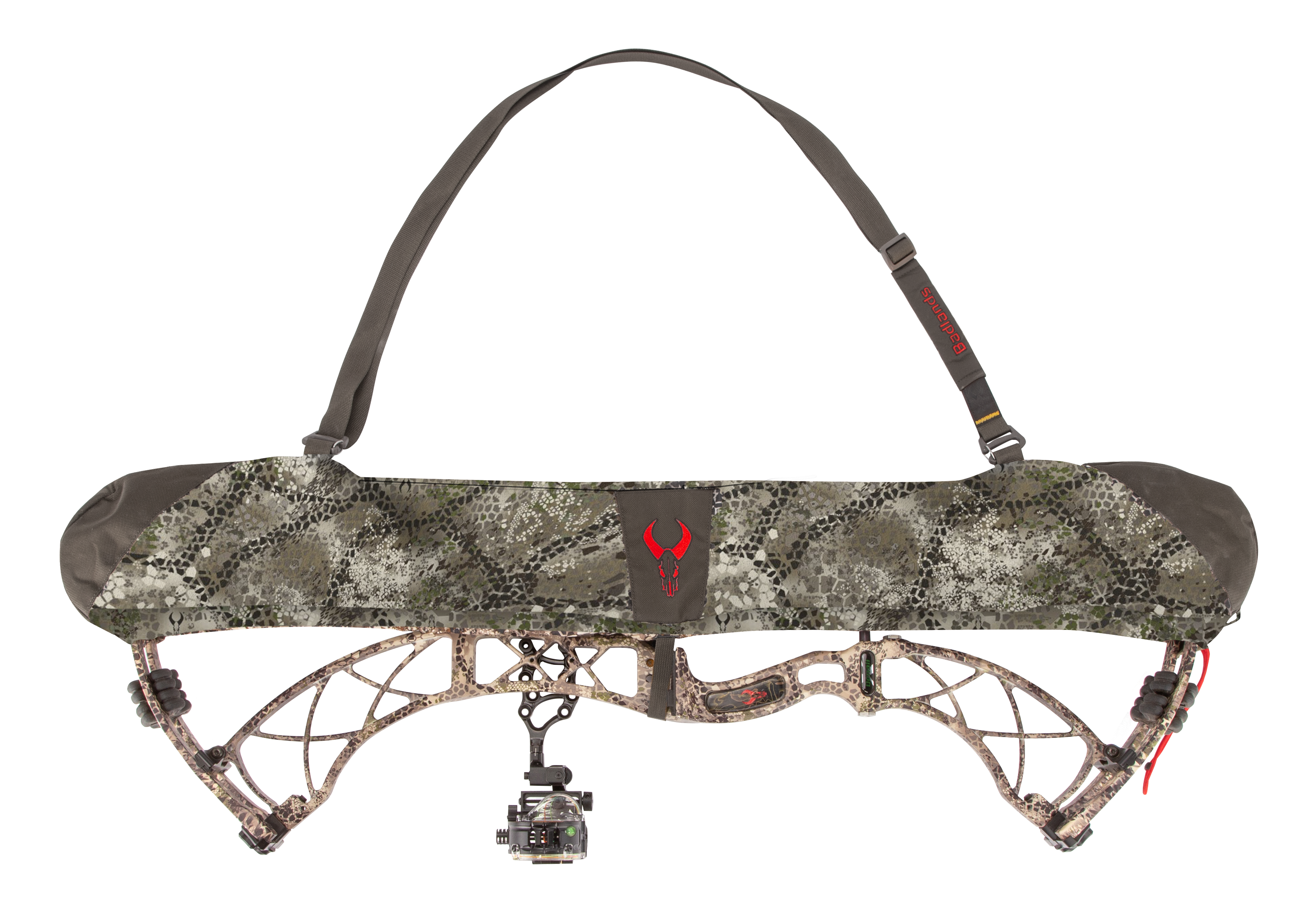 Compound bow with camo cover, shoulder strap, and visible red Moonrivers Logo for easy carrying and protection.