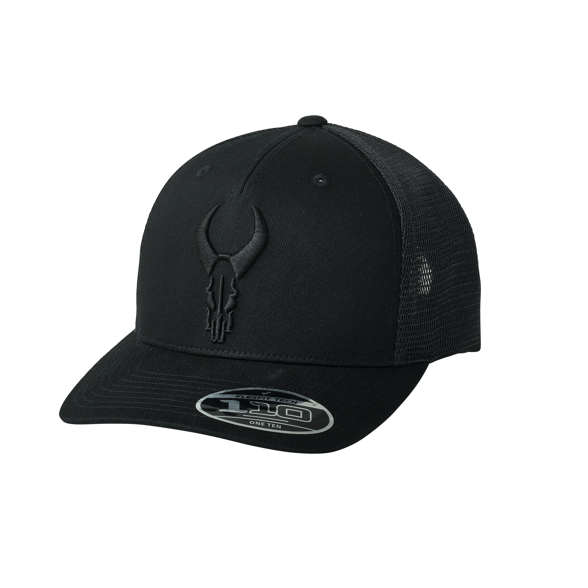 Black mesh trucker hat with embroidered Moonrivers skull logo on front; curved brim and adjustable back.