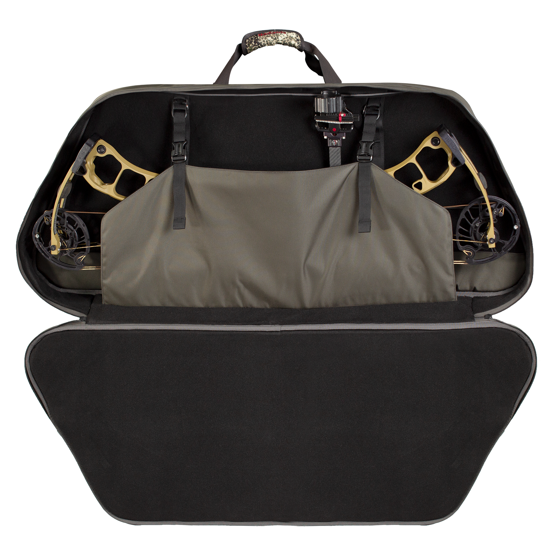 Open Moonrivers bow case showing a compound bow secured inside, with padded protection and easy-carry handle.