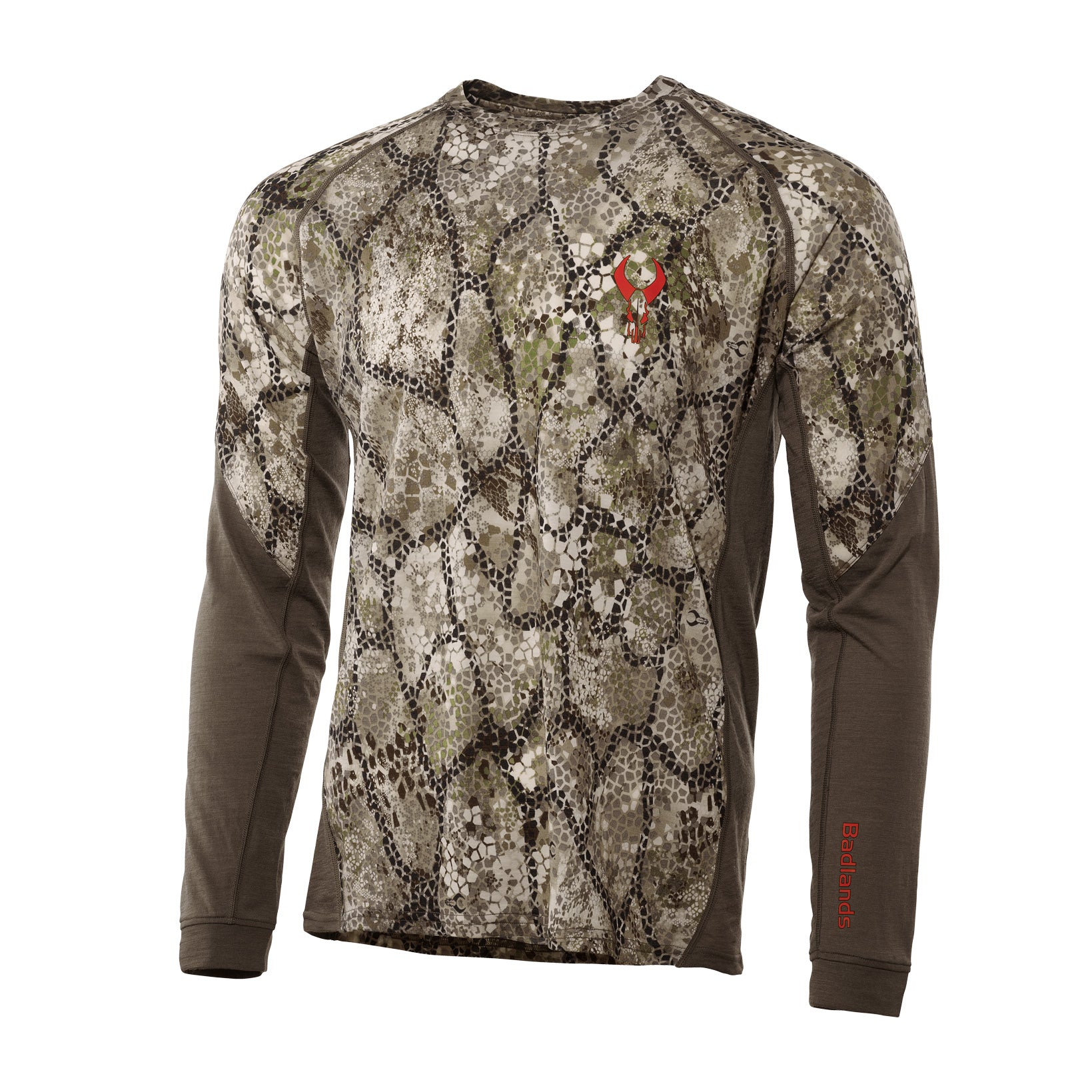 Long-sleeve camo shirt with Moonrivers skull logo on chest and "Badlands" text on sleeve; designed for outdoor use.