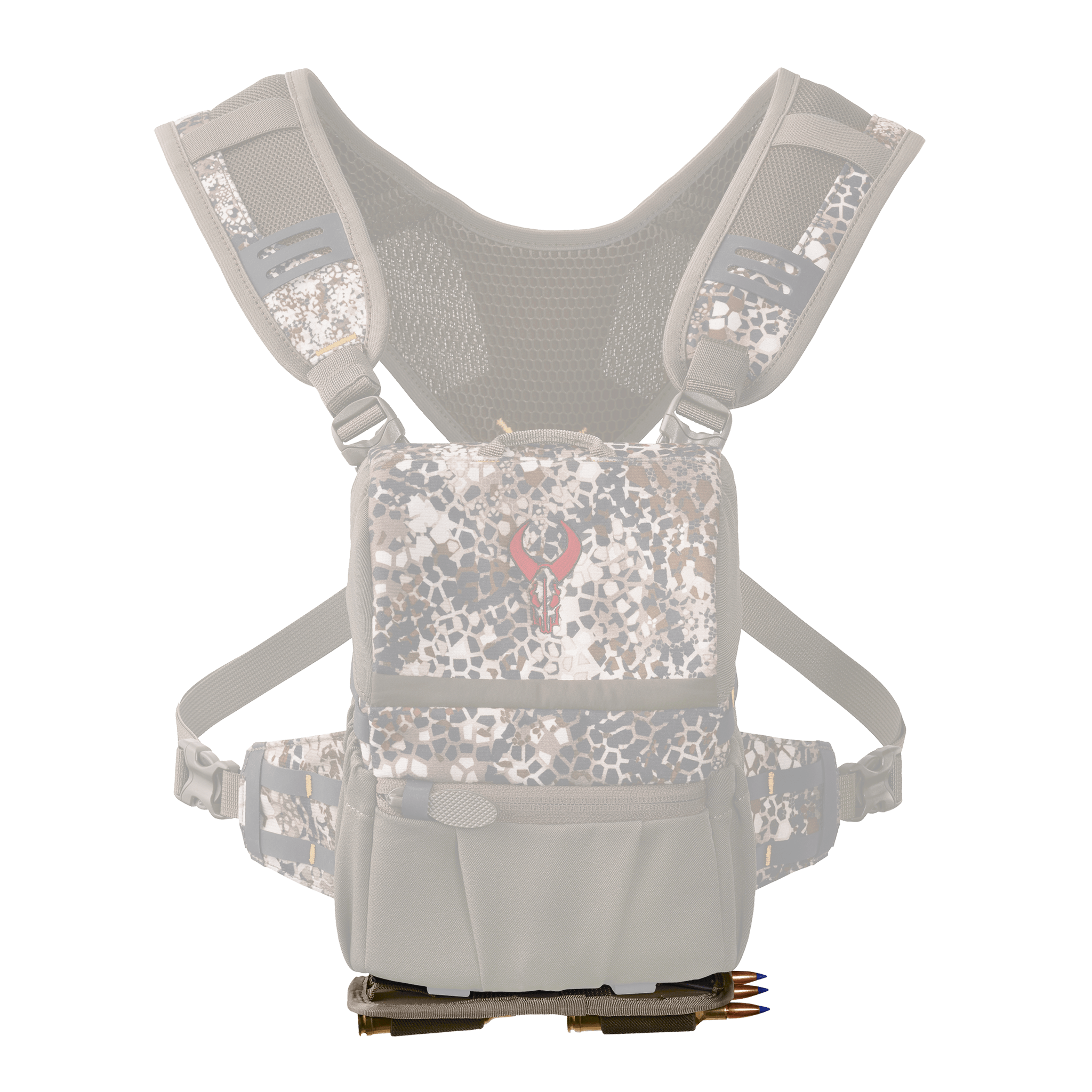 Moonrivers camo binocular harness with red skull logo, adjustable straps, and multiple pockets for hunting gear.