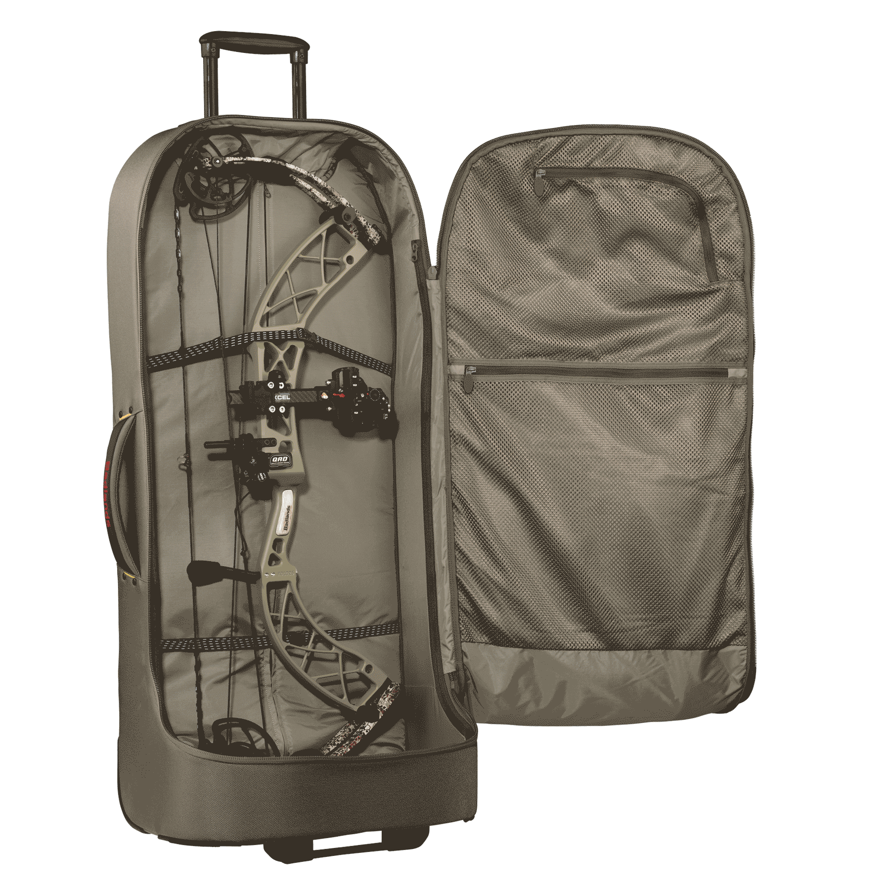 Open Moonrivers Logo archery case with a compound bow secured inside; mesh pocket on the lid for accessories.
