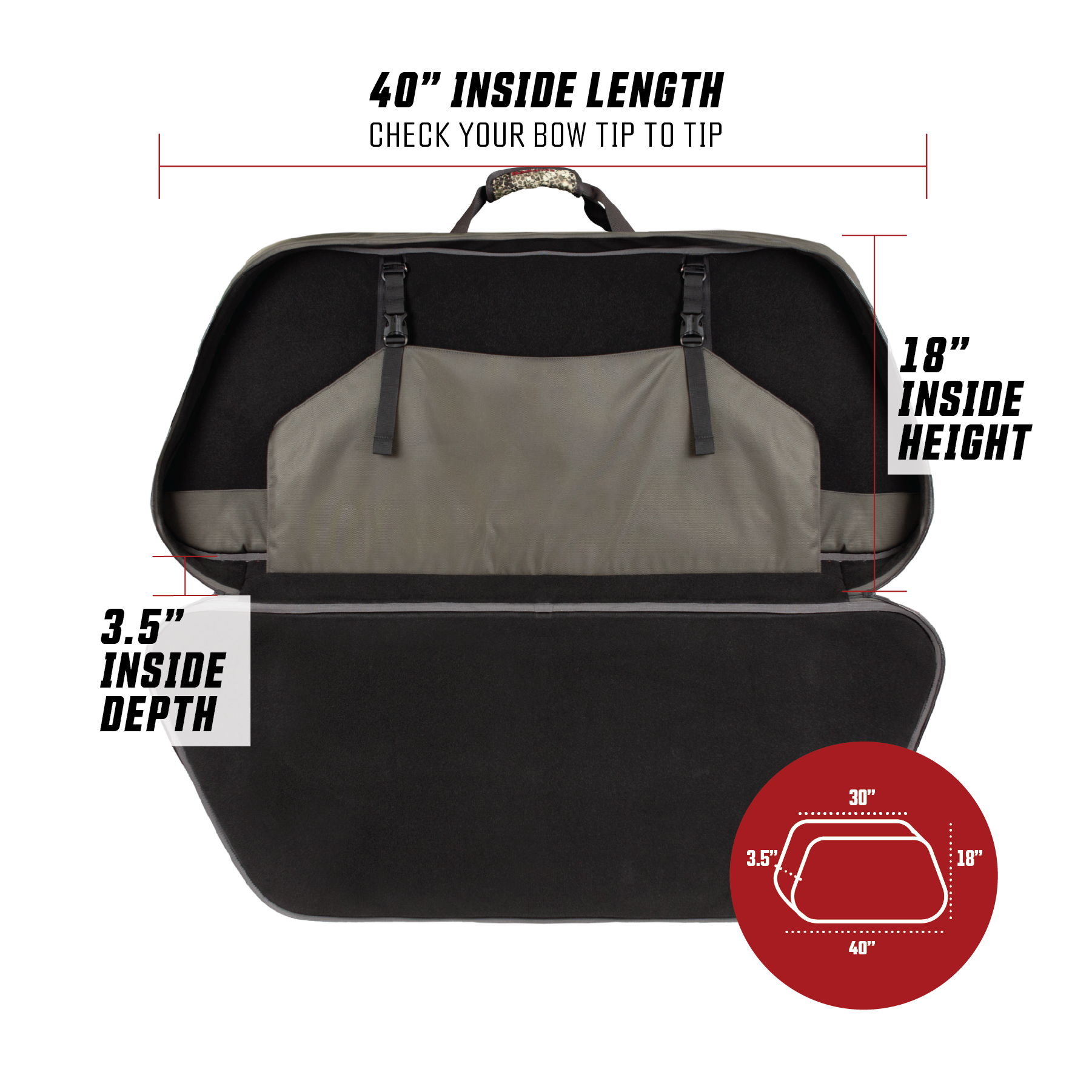Open Moonrivers case showing 18" inside height, 3.5" depth, and diagram with dimensions for easy gear storage.