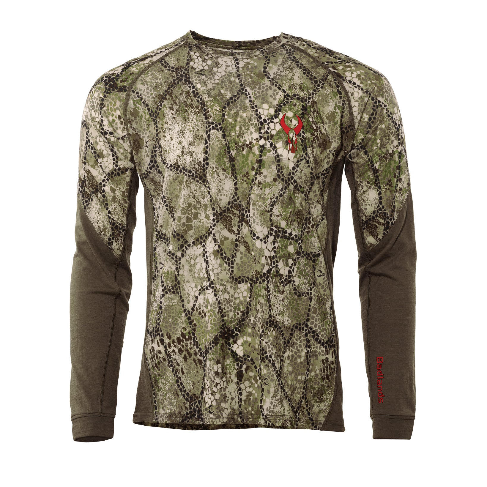 Long-sleeve camouflage shirt with Moonrivers skull logo on chest and "Badlands" text on left sleeve.