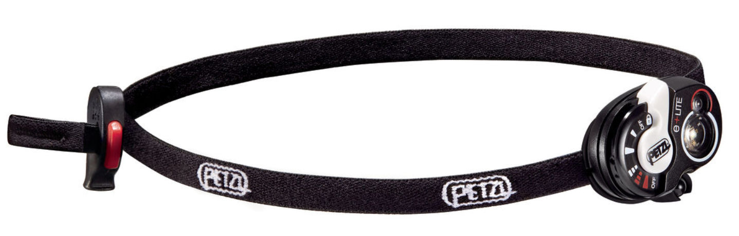 Black Petzl headlamp with adjustable strap and compact LED light, designed for hands-free illumination.