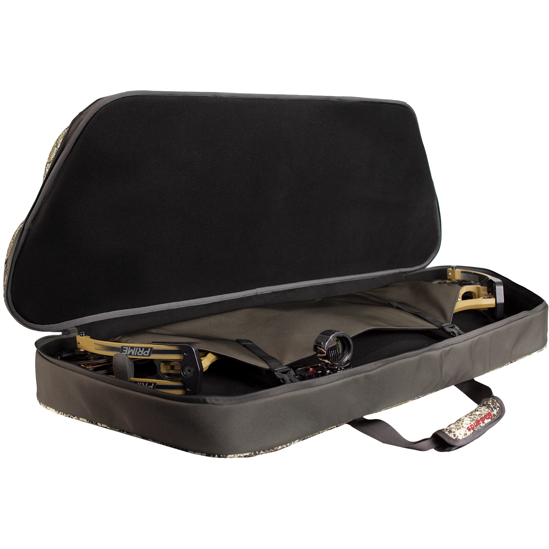Soft bow case with Moonrivers Logo, open to show a compound bow stored inside; features a padded interior and carrying handle.