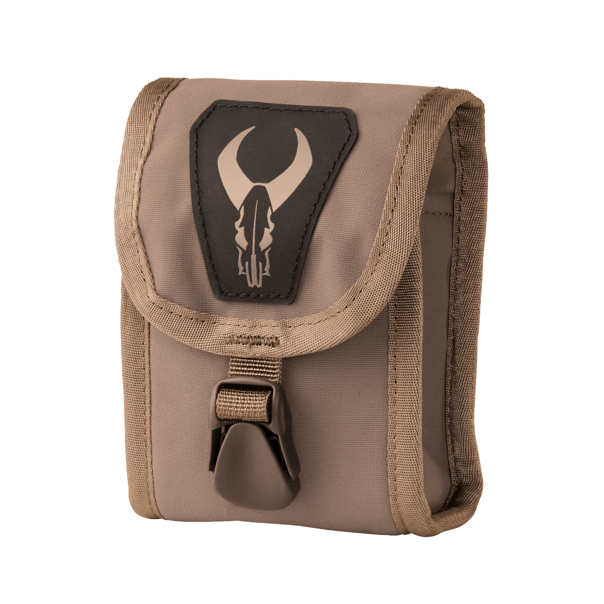 Tan pouch with buckle closure and Moonrivers skull logo on the front flap, designed for outdoor gear storage.