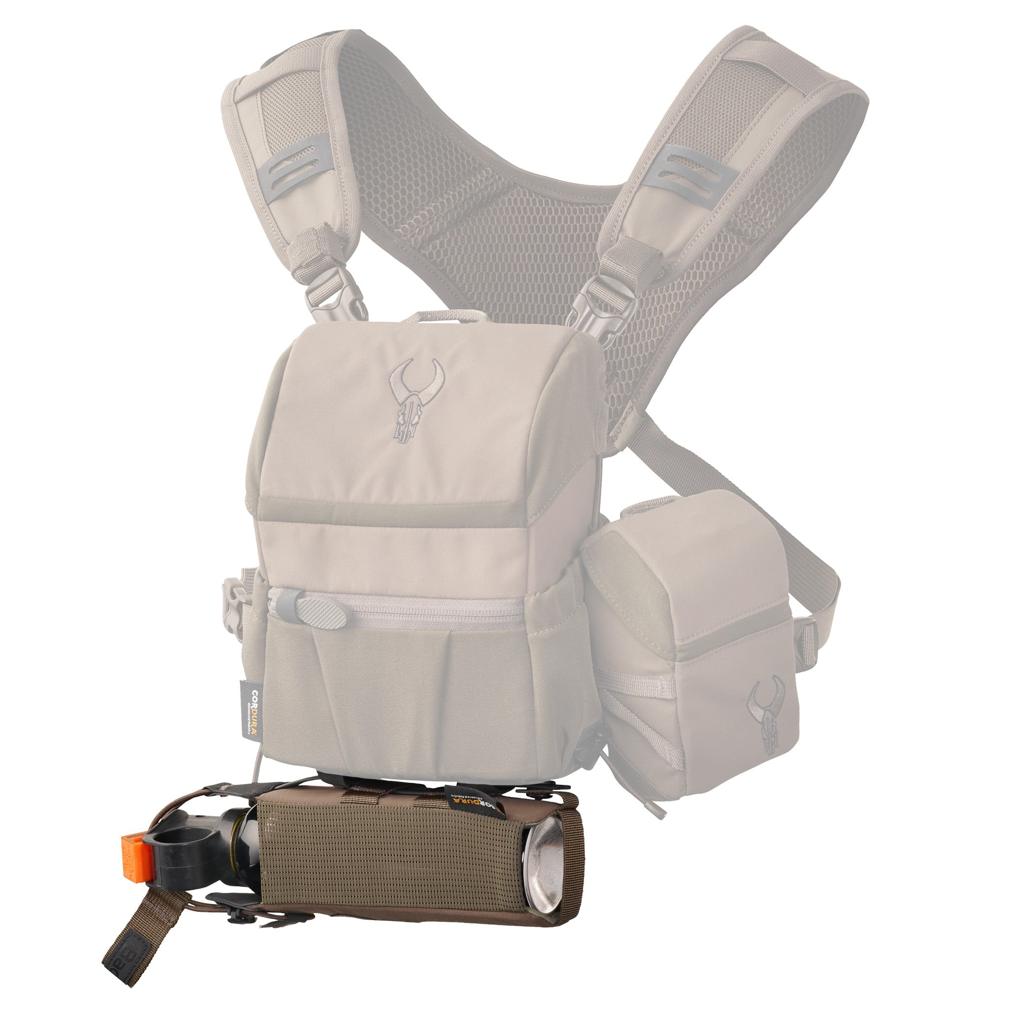 Tan chest pack with Moonrivers skull logo and attached brown water bottle holder; designed for outdoor use.