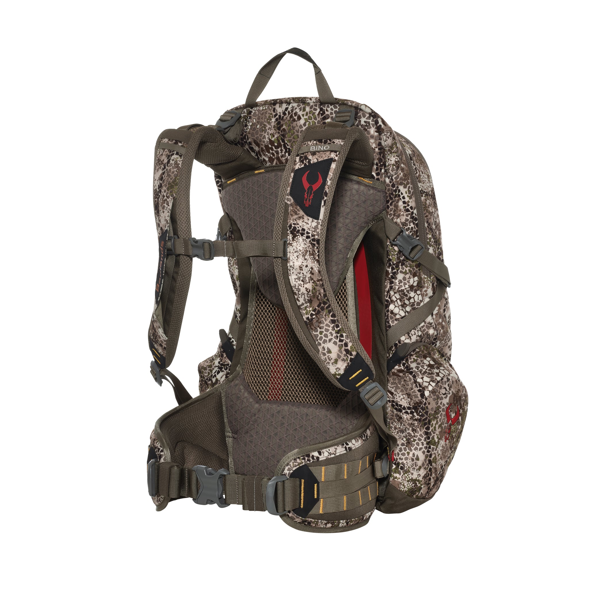 Camo hunting backpack with padded straps, mesh back panel, and visible Moonrivers skull logo on the shoulder strap.