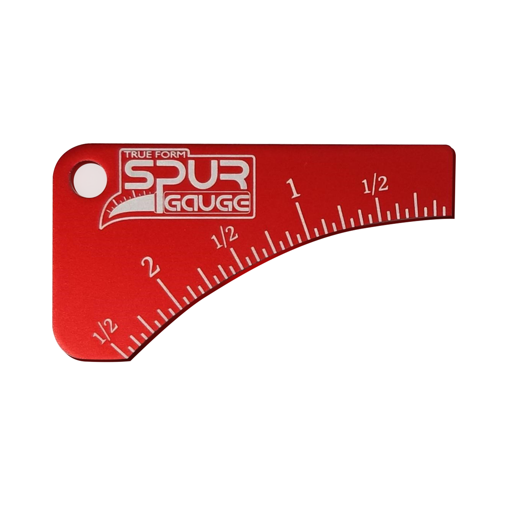 Red True Form Spur Gauge with white markings and logo, used for measuring spur length; features a keyring hole.