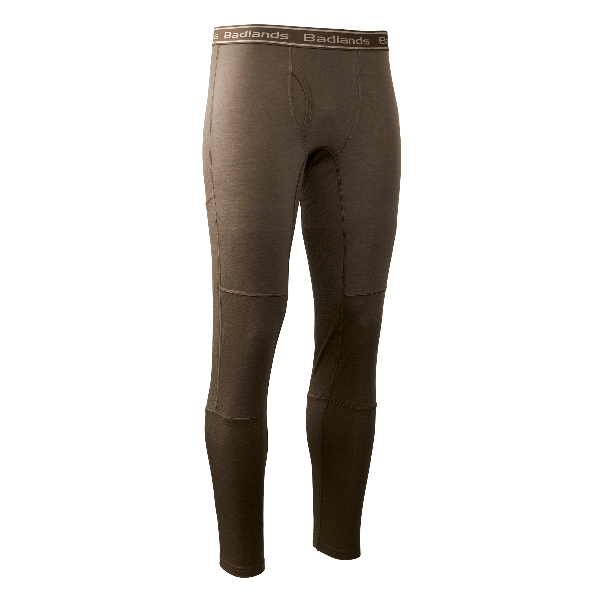 Brown Moonrivers thermal leggings with logo waistband, designed for outdoor comfort and layering.