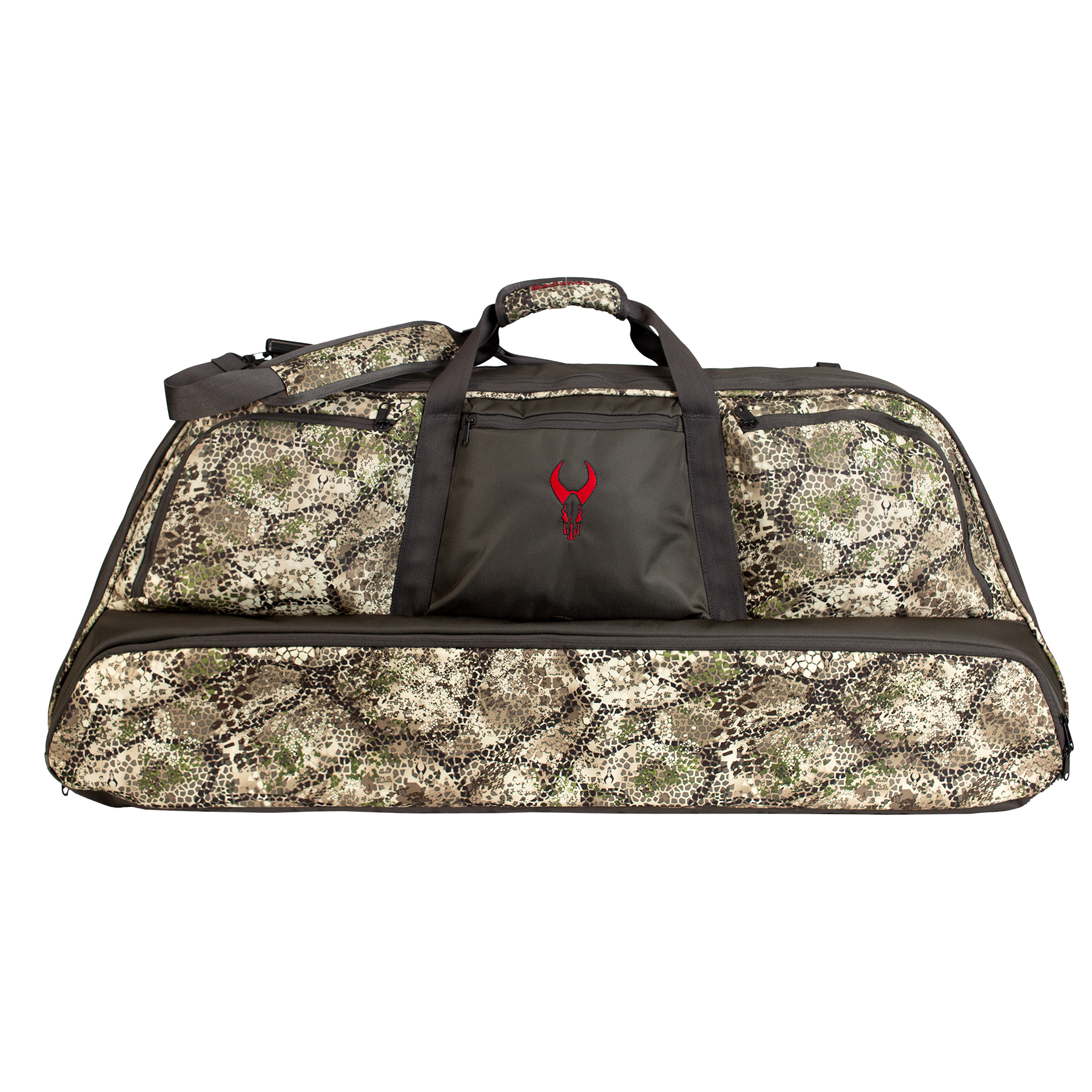 Large camouflage duffel bag with black handles and a front pocket featuring the red Moonrivers Logo.