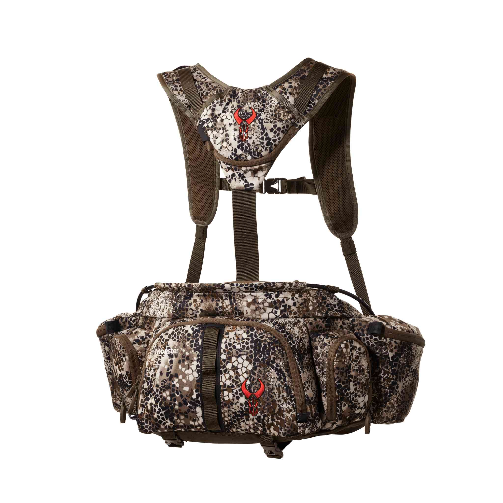 Moonrivers camo hunting pack with red skull logo, multiple pockets, and padded shoulder straps for comfort and support.