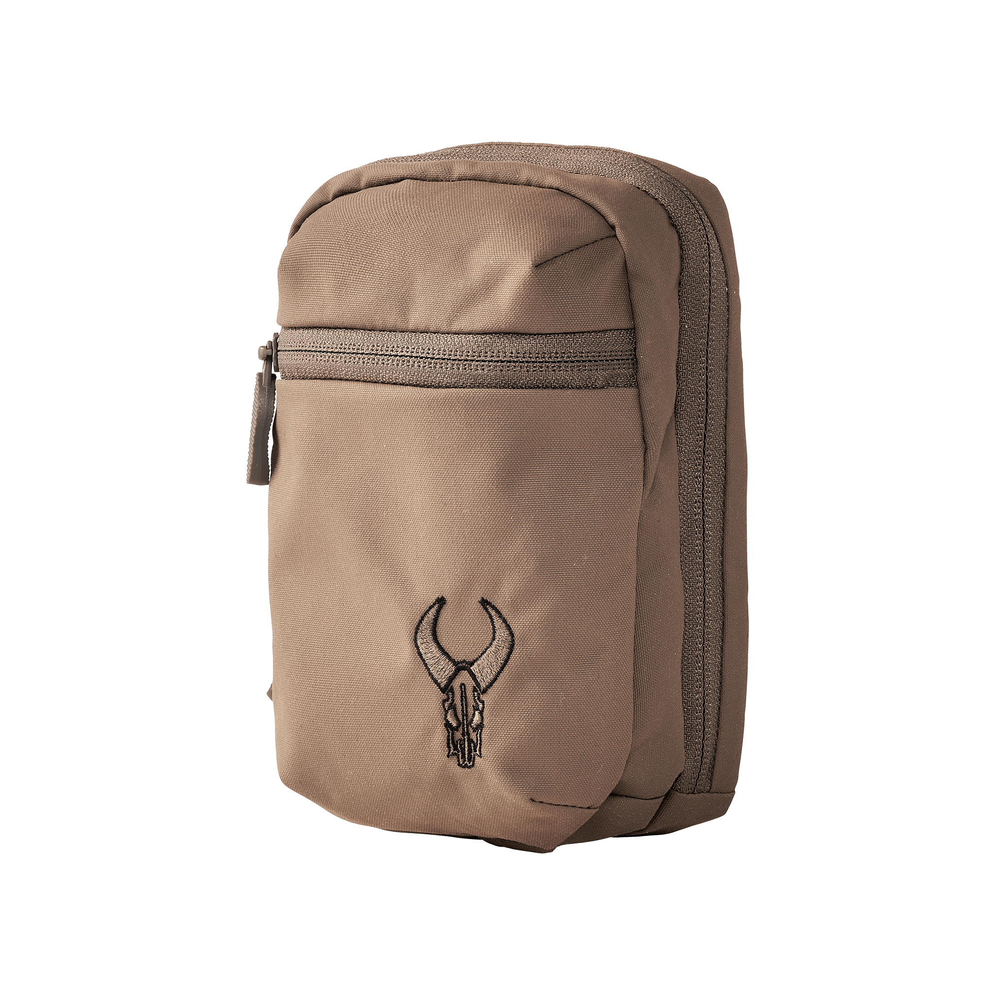 Tan pouch with two zippered compartments and the Moonrivers skull logo embroidered on the front.