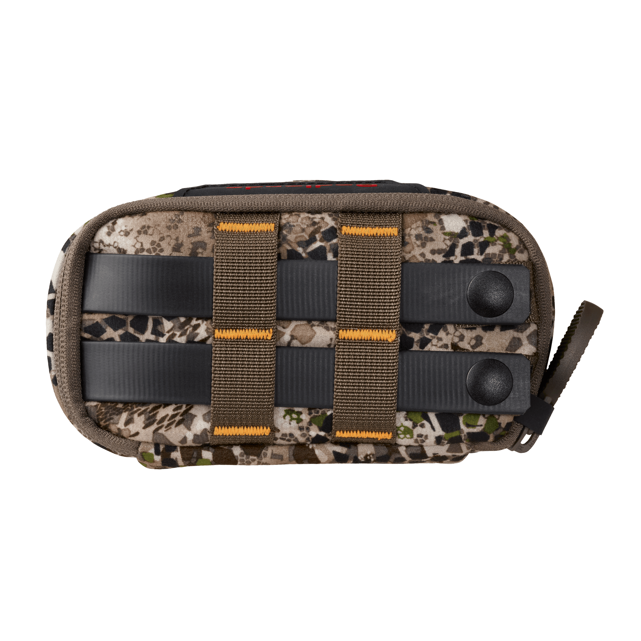 Camo pouch with MOLLE straps and snap buttons, ADA-friendly zipper pull, Moonrivers Logo on top.