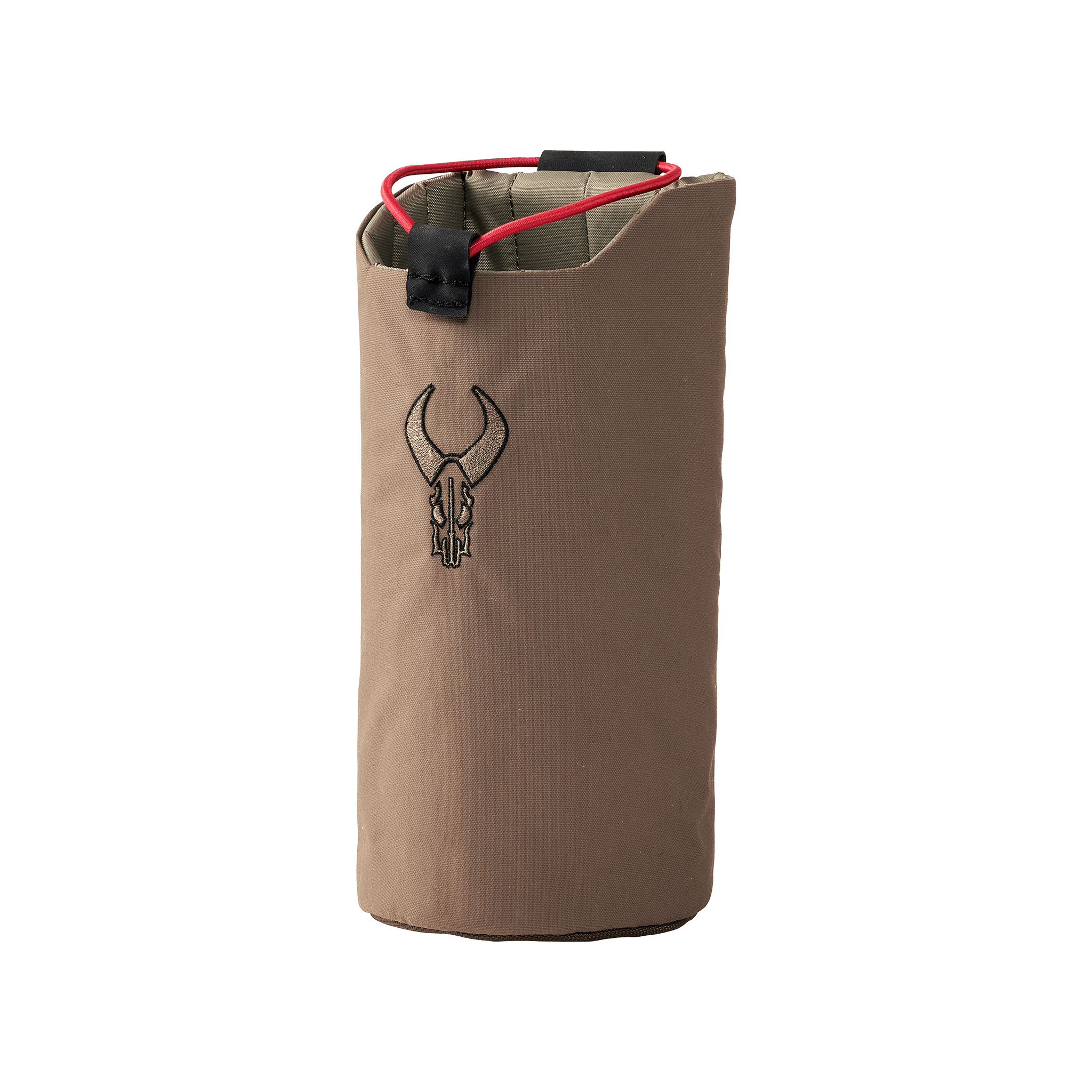 Tan fabric pouch with drawstring closure and Moonrivers skull logo embroidered on the front.