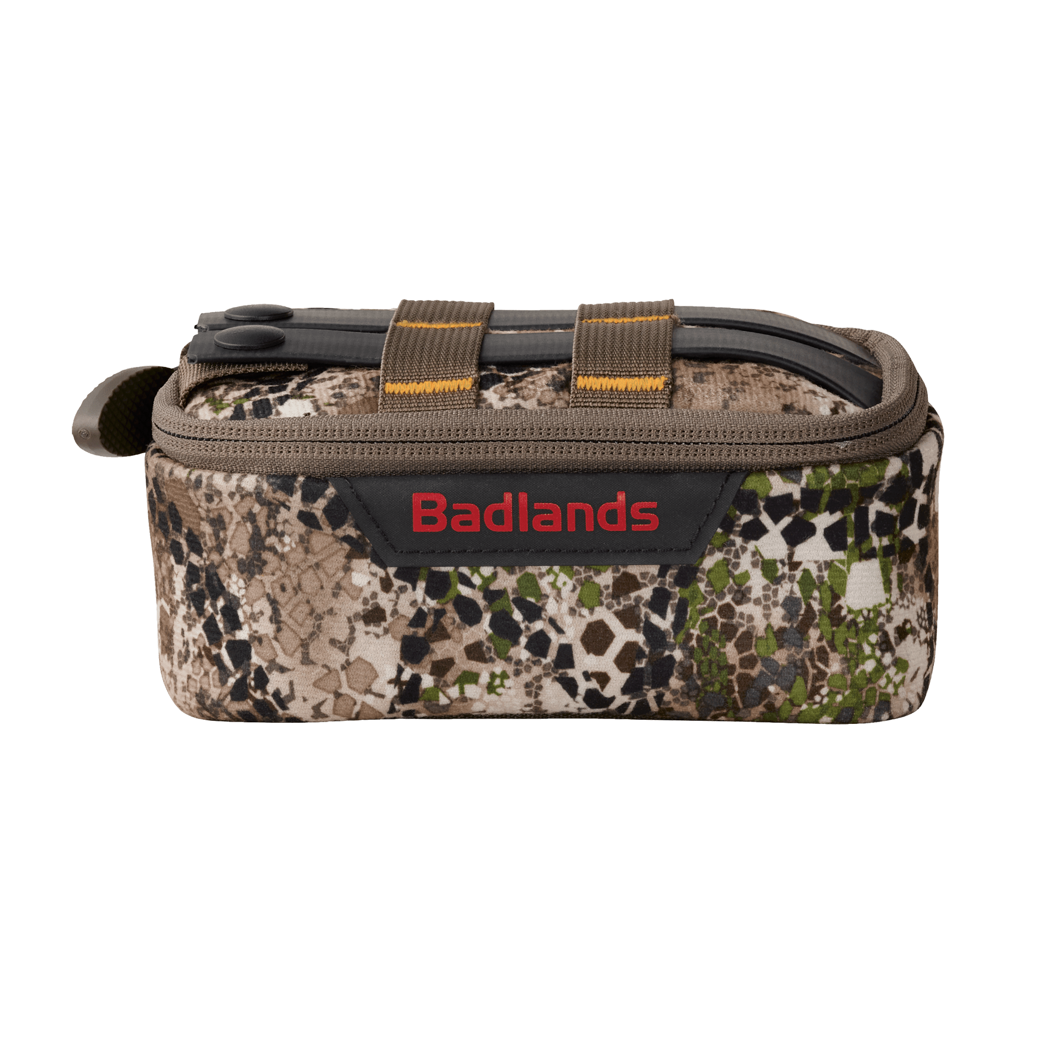 Camo-patterned Moonrivers gear pouch with zipper, top handle, and red Moonrivers logo on front.